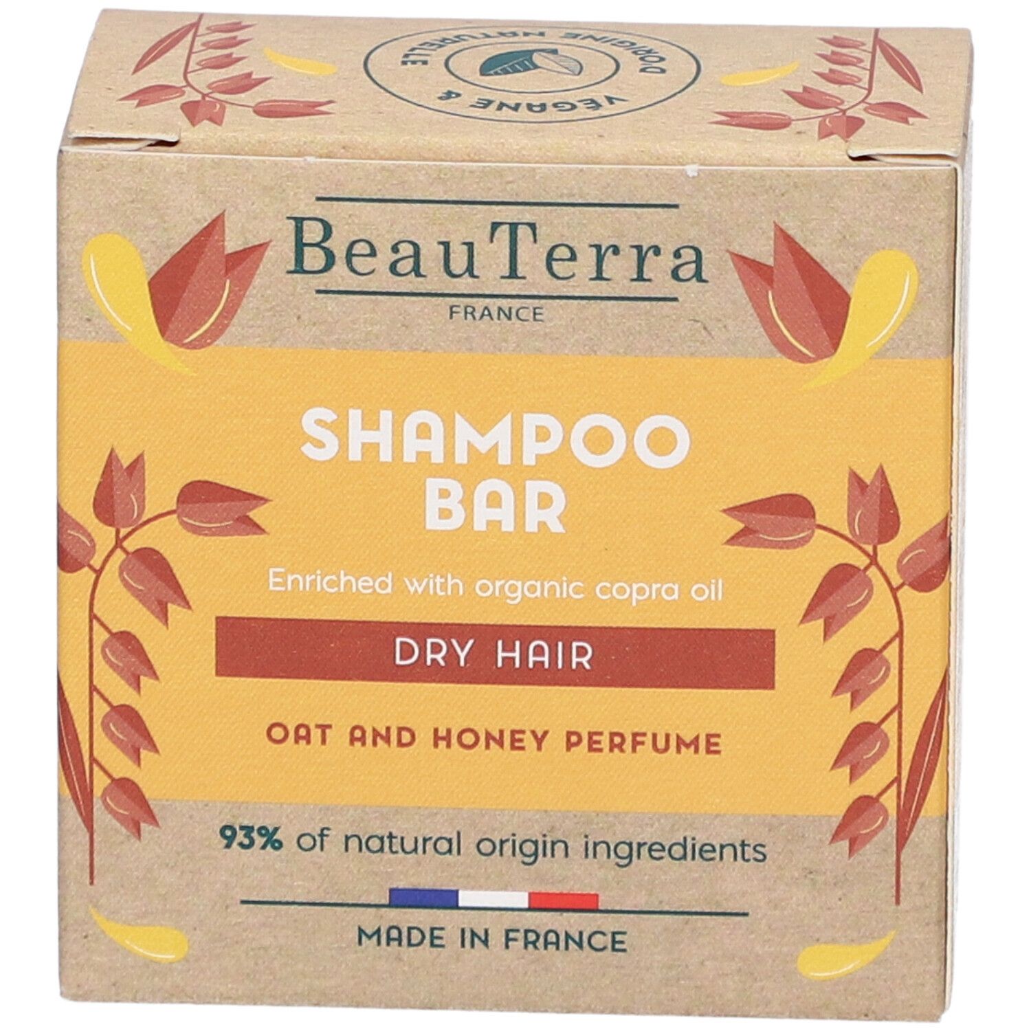 Kartonverpackung mit Shampoo Bar. Text: BeauTerra, Shampoo Bar, Trockenes Haar, Hafer-Honig-Duft. 93% natürliche Inhaltsstoffe.