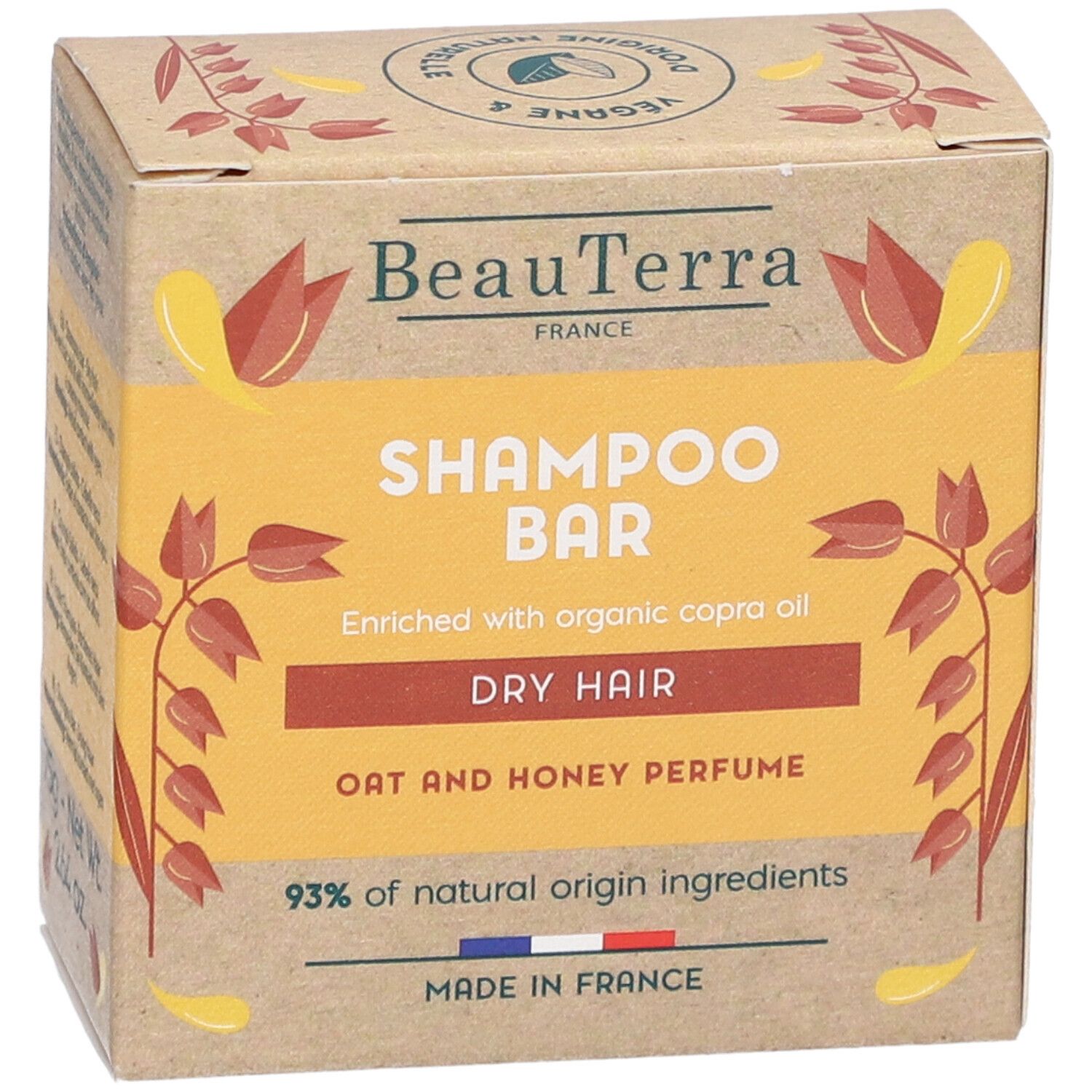 Kartonverpackung mit Shampoo Bar. Text: BeauTerra, Shampoo Bar, Trockenes Haar, Hafer-Honig-Duft. Hergestellt in Frankreich.