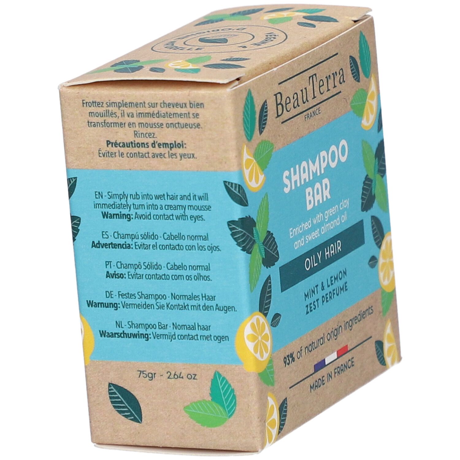 Kartonverpackung für Shampoo-Bar. Aufschrift: BeauTerra, Shampoo Bar, Oily Hair. Text in mehreren Sprachen. 75g - 2.64 oz.