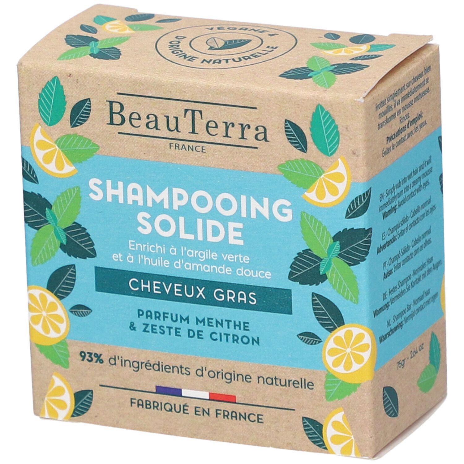 Kartonverpackung für Shampoo-Bar. Aufschrift: BeauTerra, Shampooing Solide, Cheveux Gras, Parfum menthe & zestes de citron. 93% natürliche Inhaltsstoffe.