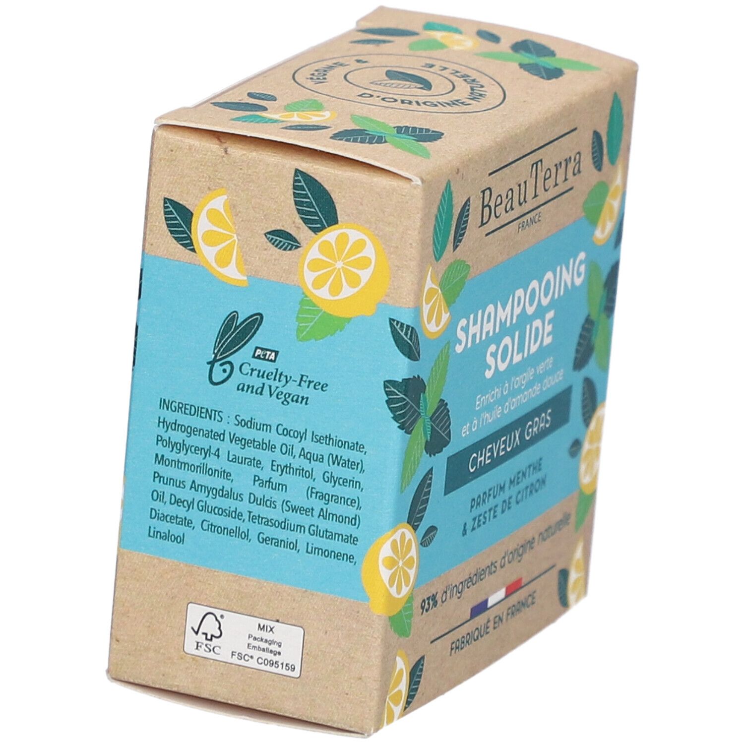 Kartonverpackung für Shampoo-Bar. Aufschrift: BeauTerra, Shampooing Solide, Cheveux Gras, Parfum menthe & zestes de citron. Cruelty-Free und Vegan.