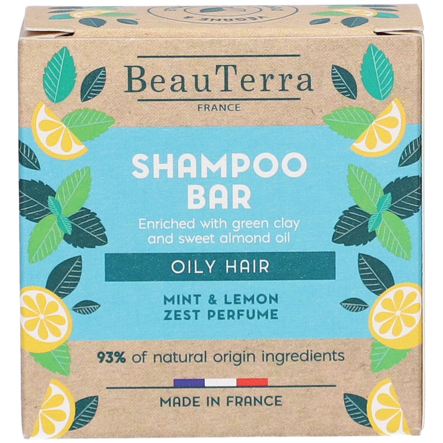 Kartonverpackung für Shampoo-Bar. Aufschrift: BeauTerra, Shampoo Bar, Oily Hair, Mint & Lemon Zest Perfume. 93% natürliche Inhaltsstoffe. Französische Flagge.