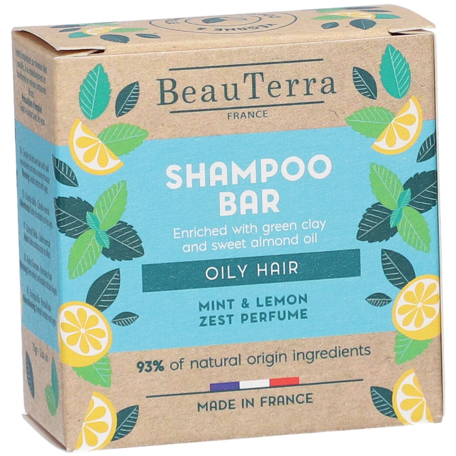 Kartonverpackung für Shampoo-Bar. Aufschrift: BeauTerra, Shampoo Bar, Oily Hair, Mint & Lemon Zest Perfume. 93% natürliche Inhaltsstoffe.