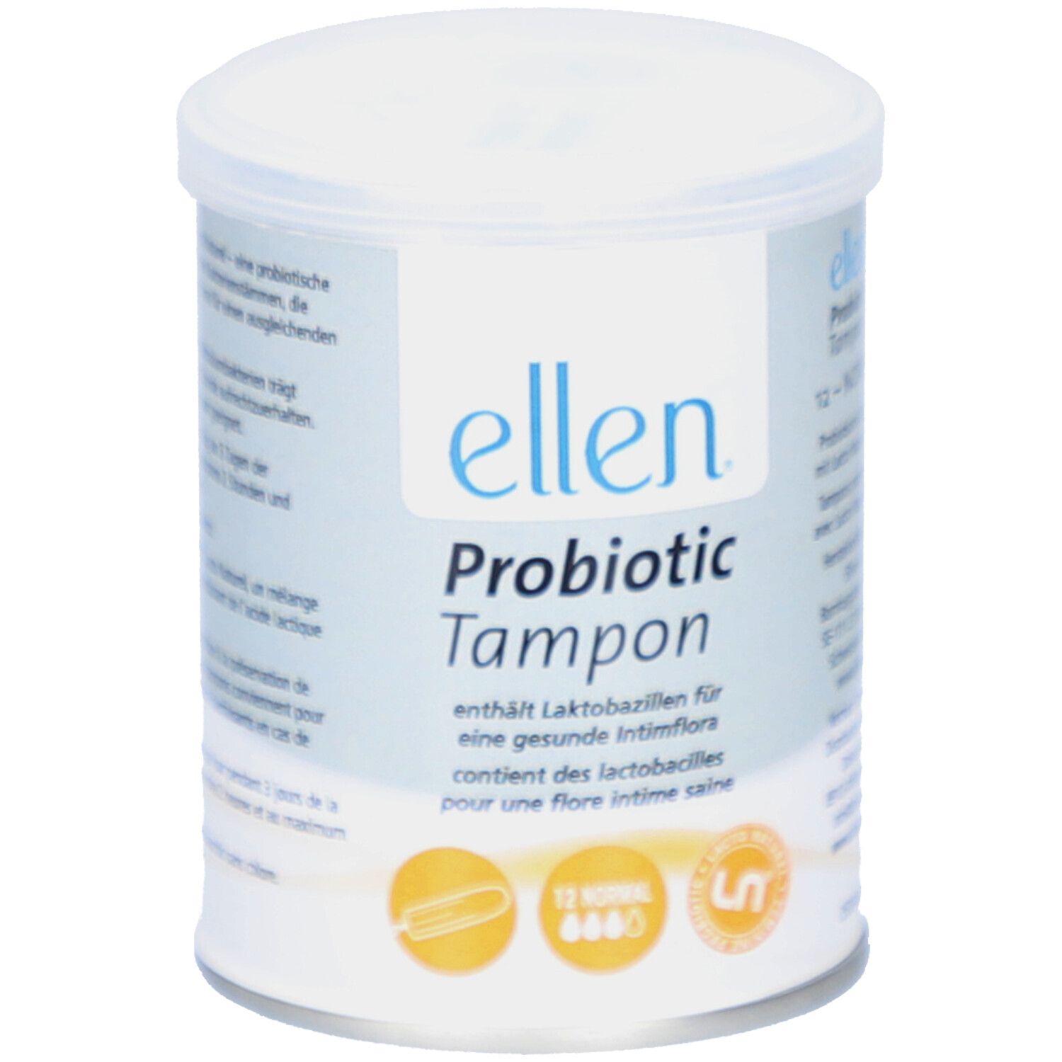 Zylindrische Dose mit "ellen Probiotic Tampon". Enthält 12 Tampons. Aufschrift: "12 NORMAL".