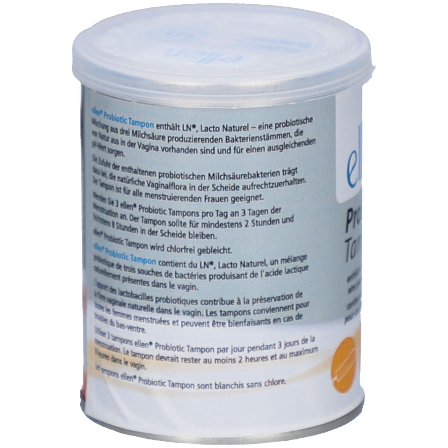 Rückseite der Dose "ellen Probiotic Tampon". Textinformationen in Deutsch, Französisch und Italienisch.