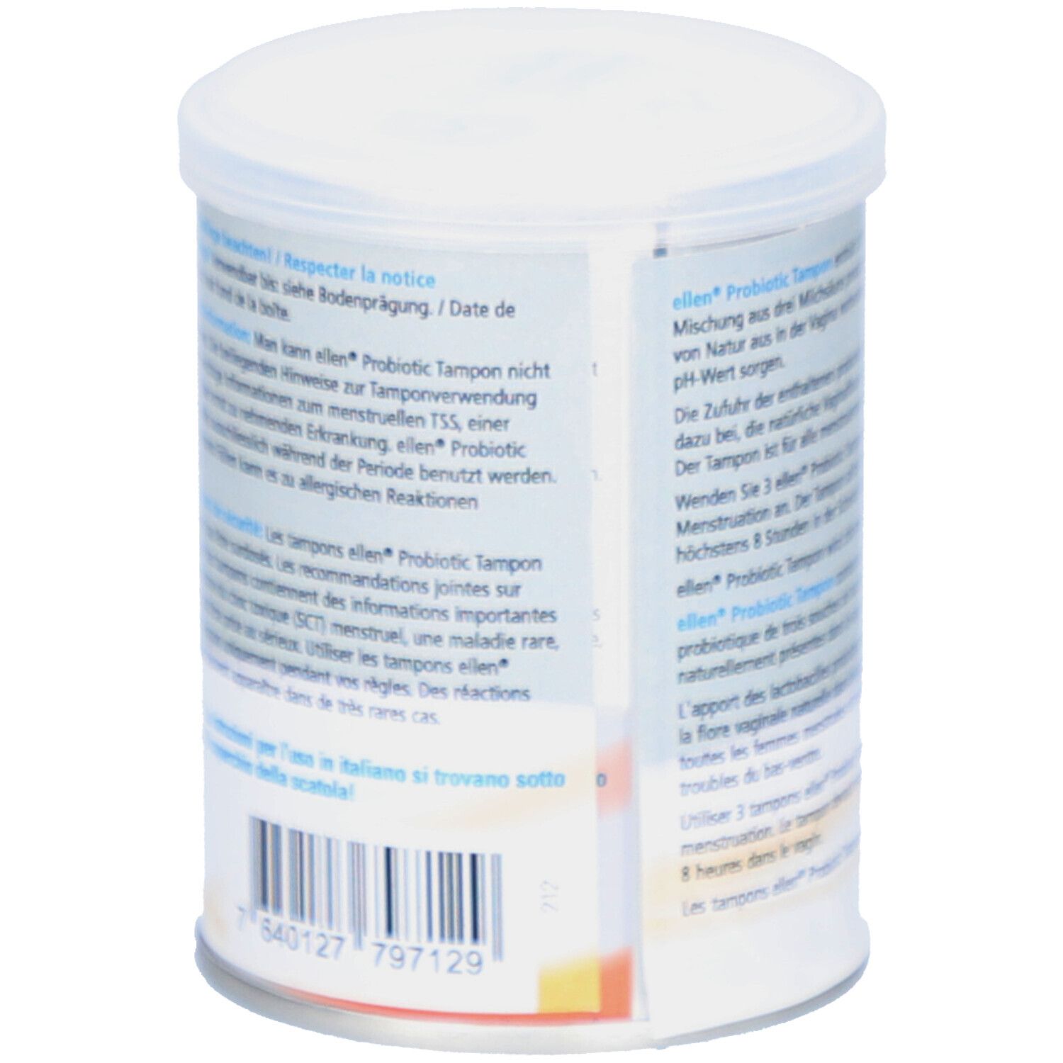 Rückseite der Dose "ellen Probiotic Tampon". Textinformationen in Deutsch, Französisch und Italienisch.