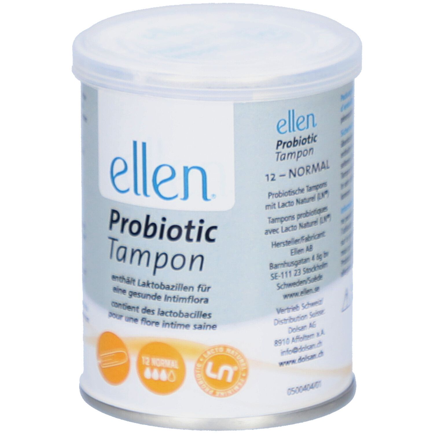 Zylindrische Dose "ellen Probiotic Tampon". Aufschrift: "12-NORMAL". Enthält 12 Tampons.