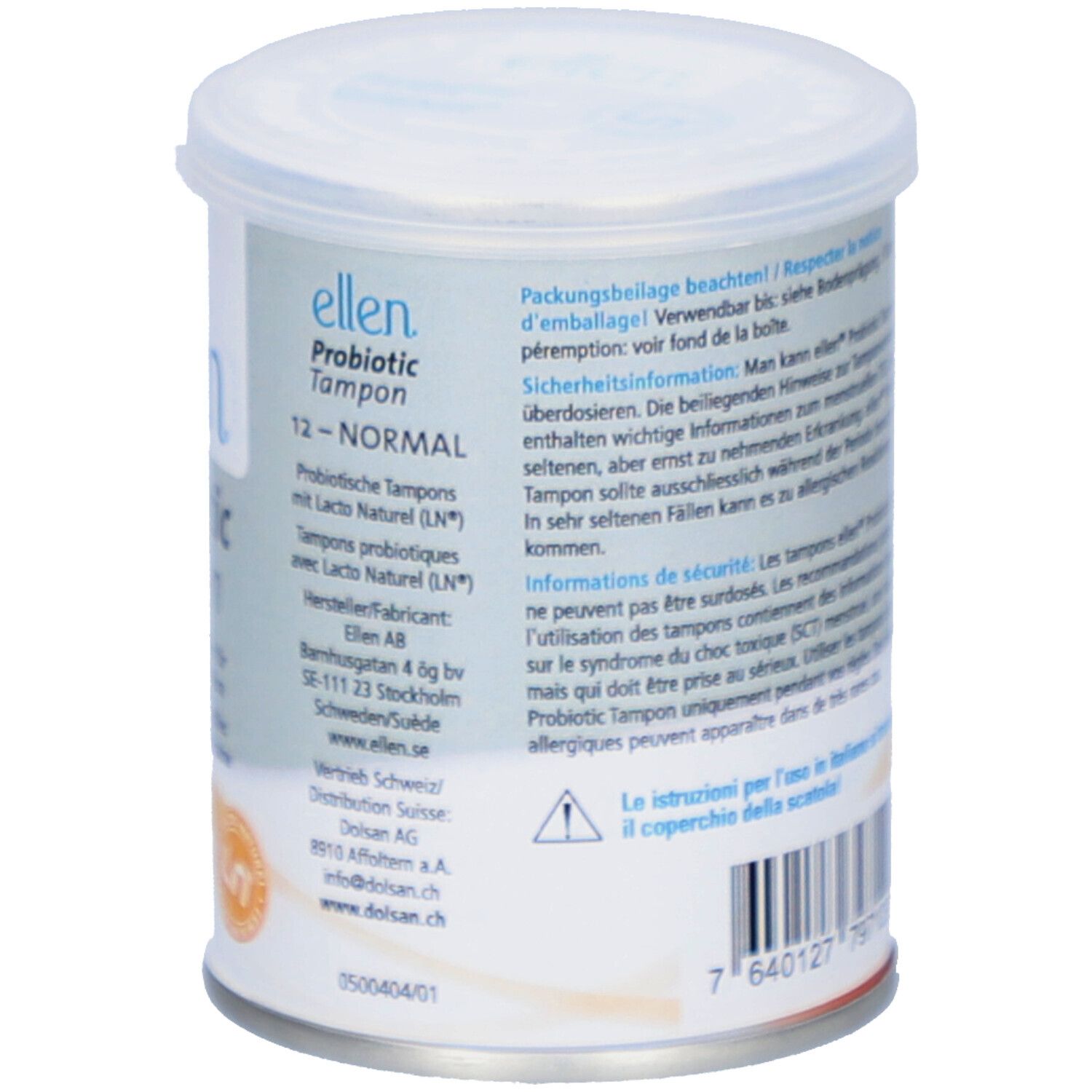 Rückseite der Dose "ellen Probiotic Tampon". Textinformationen und Barcode.