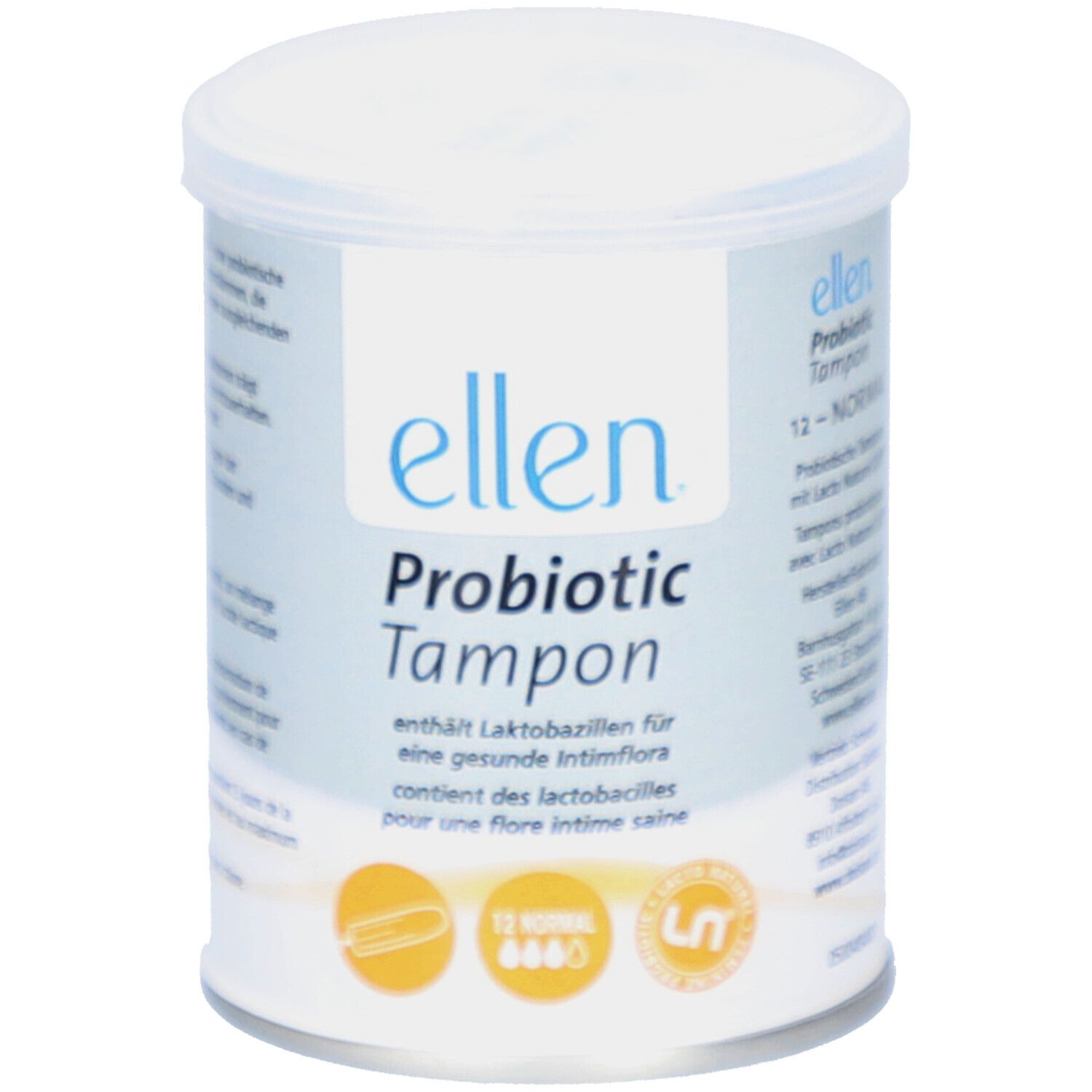 Zylindrische Dose mit "ellen Probiotic Tampon". Enthält 12 Tampons. Aufschrift: "12 NORMAL".