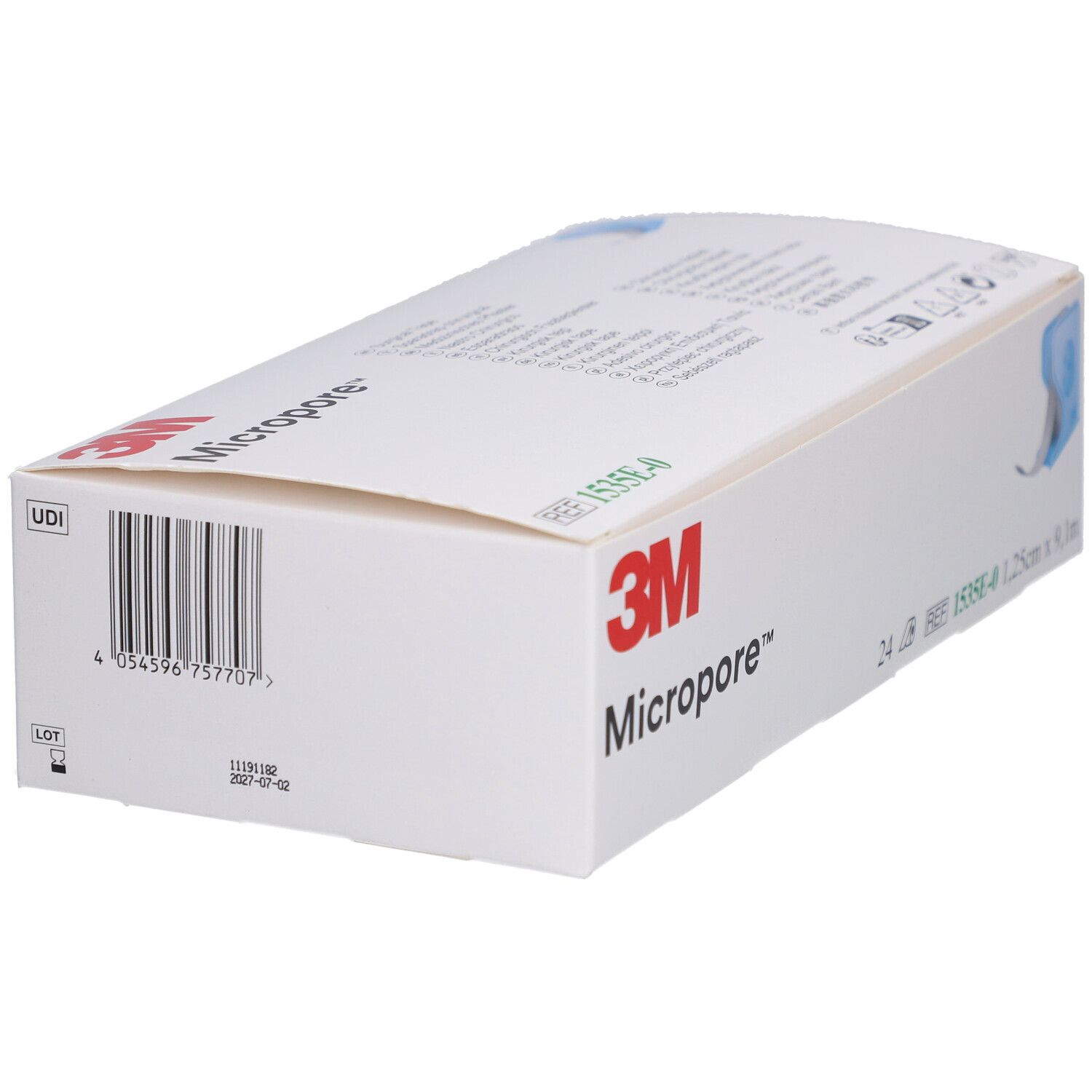 Boîte blanche avec logo 3M Micropore. Code-barres et REF 1535E-0. Contient du ruban adhésif en rouleau.