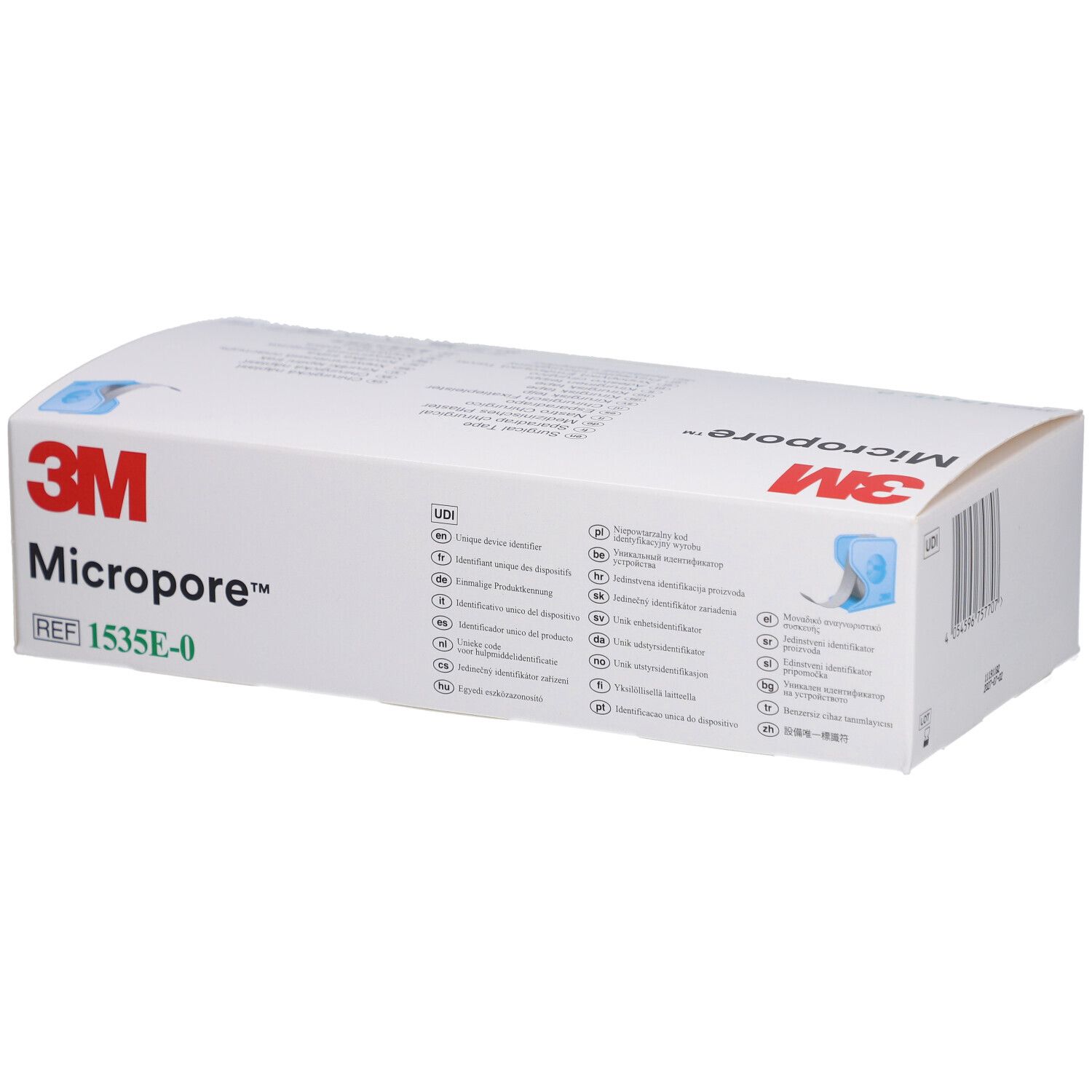 Boîte blanche avec logo 3M Micropore. REF 1535E-0. Contient du ruban adhésif en rouleau. Inscriptions multilingues.