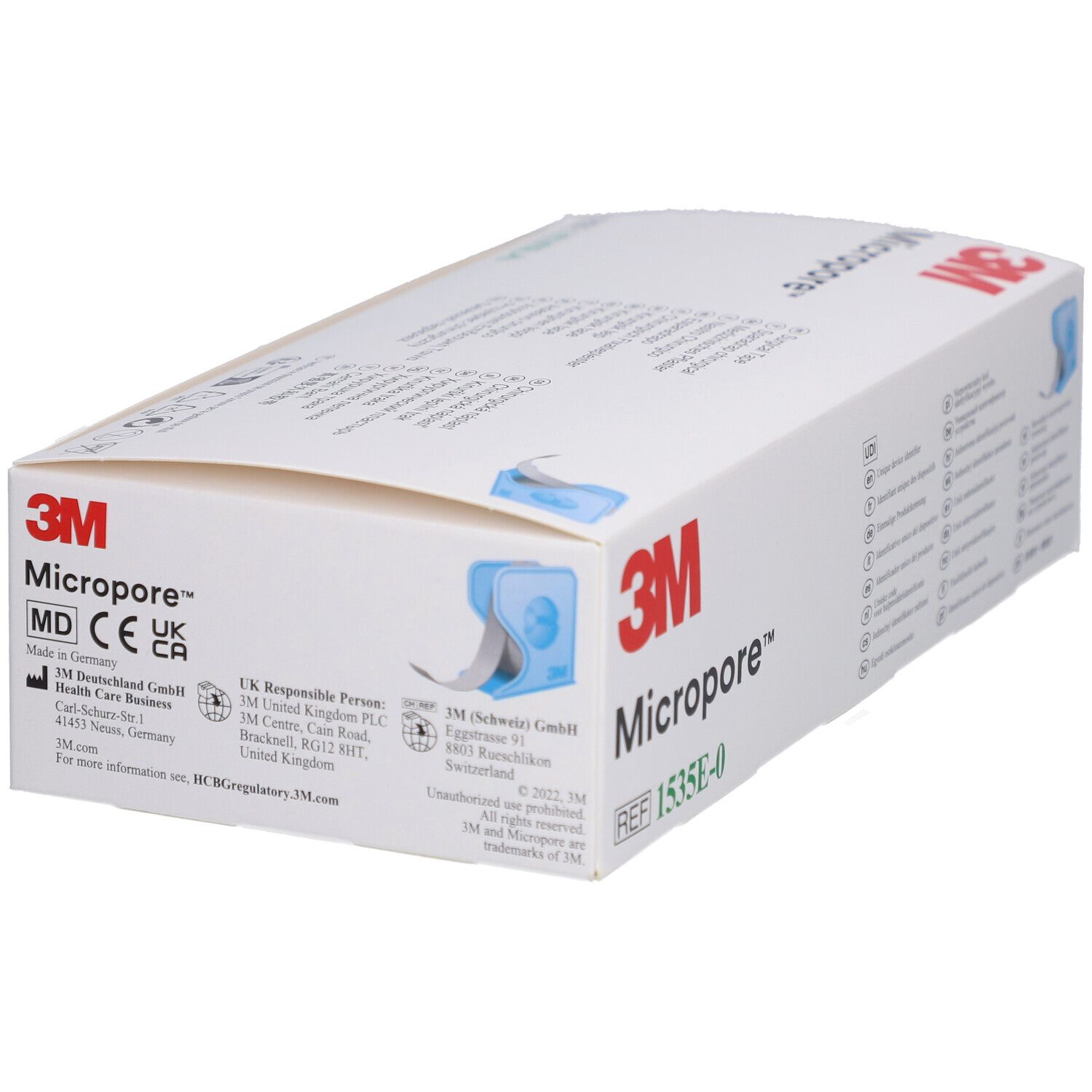 Boîte blanche avec logo 3M Micropore. Marquage MD, CE, UKCA. Contient du ruban adhésif en rouleau. REF 1535E-0.