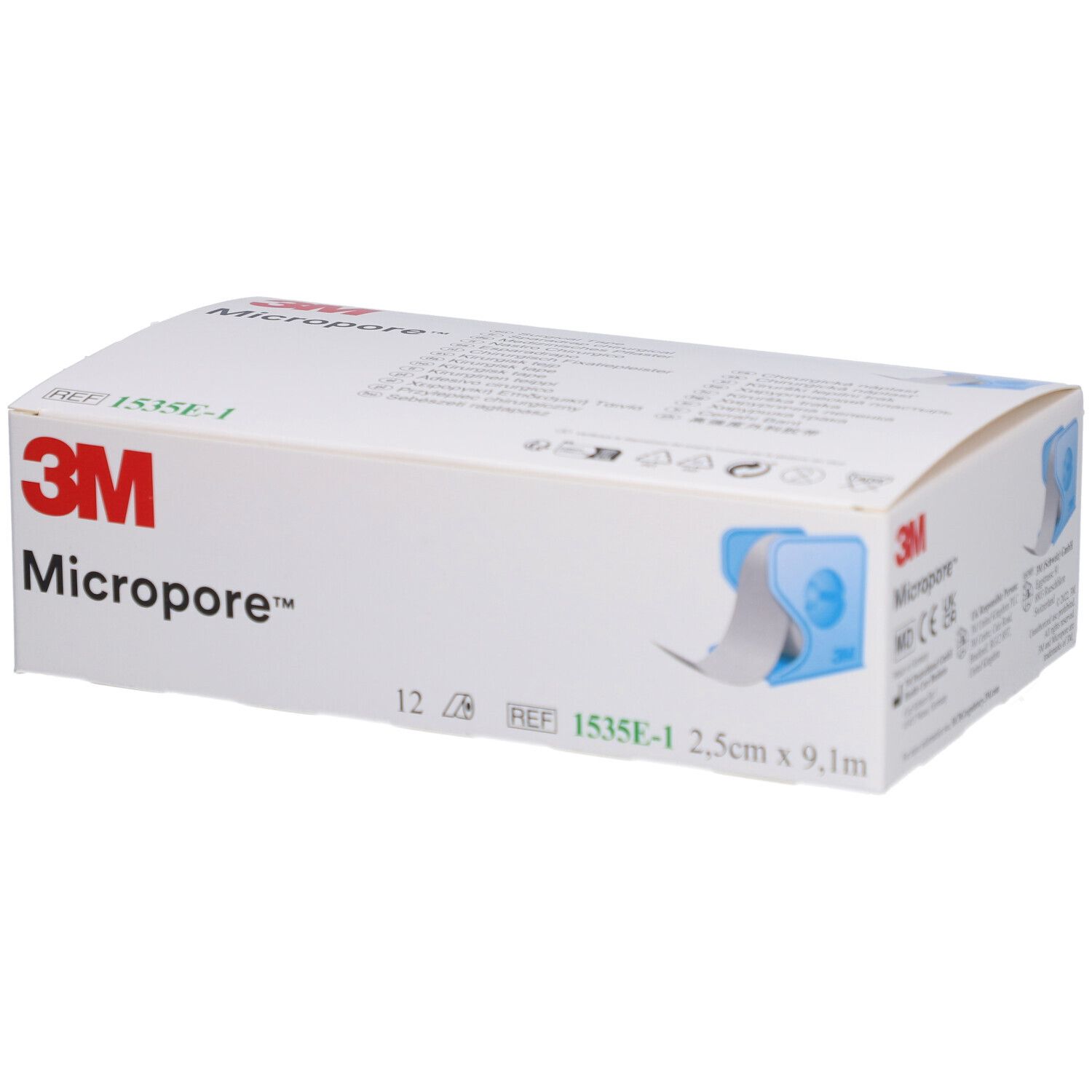Weiße Verpackung mit 3M Micropore Klebeband. Aufdrucke: 2,5cm x 9,1m, 12 Stück, REF 1535E-1. Band in blauem Halter.