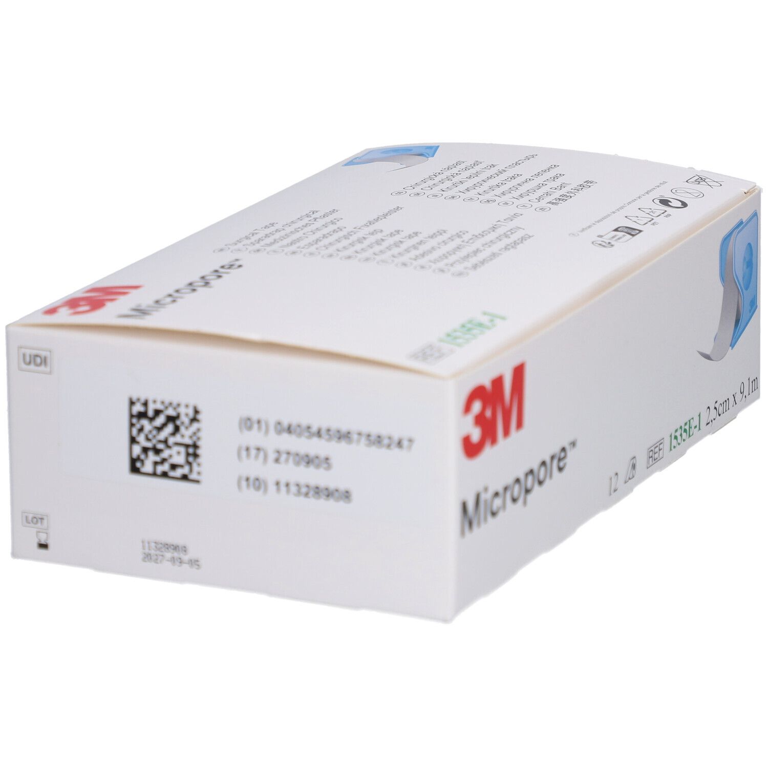 Weiße Verpackung mit 3M Micropore Klebeband. Aufdrucke: 2,5cm x 9,1m, 12 Stück, REF 1535E-1. Barcode und UDI-Code.