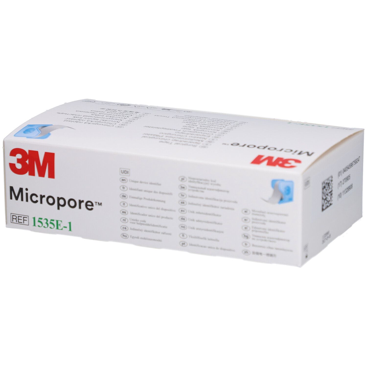 Weiße Verpackung mit 3M Micropore Klebeband. Aufdrucke: REF 1535E-1, 3M Micropore. Mehrsprachige Texte.