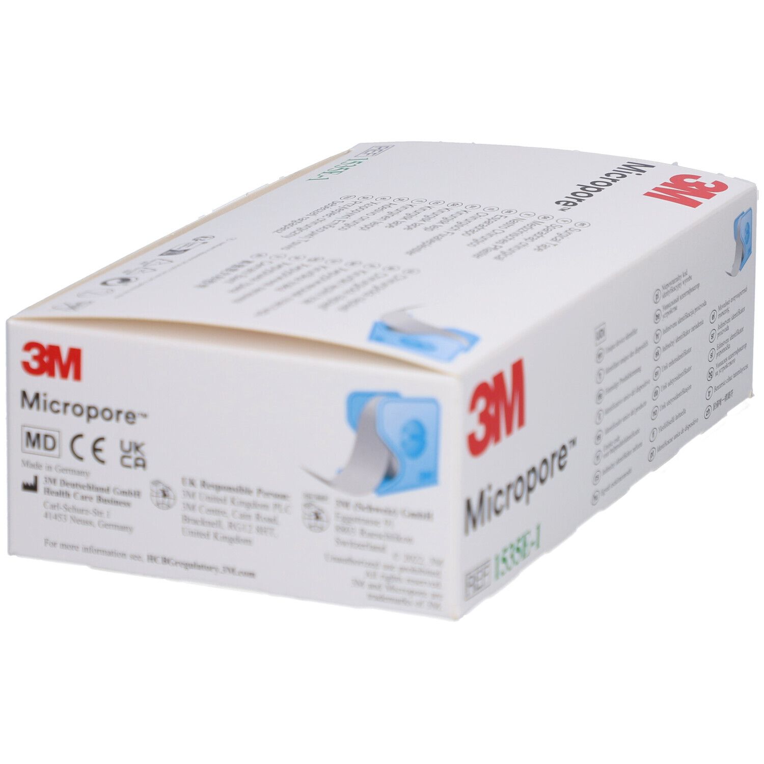 Weiße Verpackung mit 3M Micropore Klebeband. Aufdrucke: REF 1535E-1, 3M Micropore, MD CE UKCA. Band in blauem Halter.