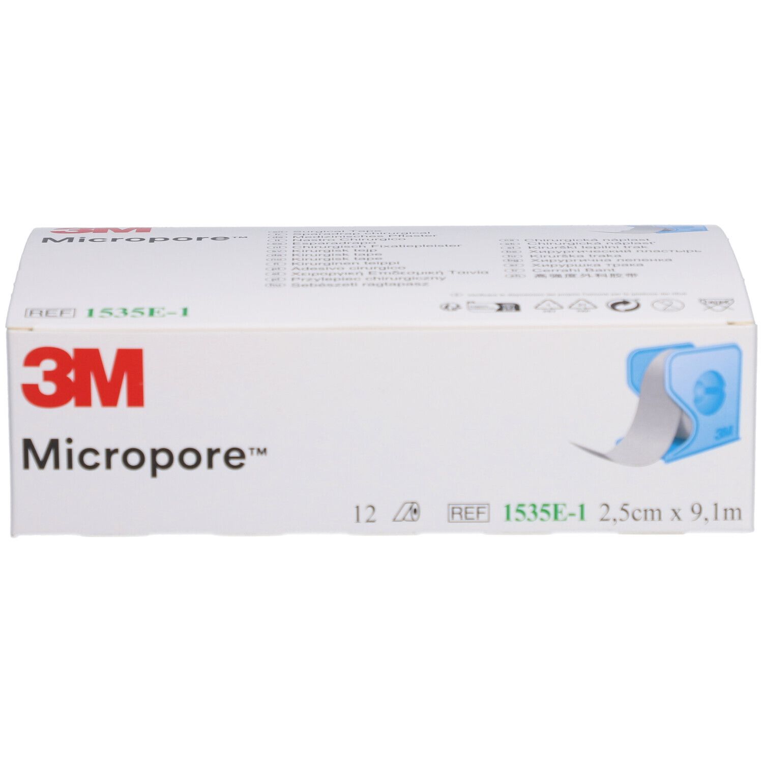 Weiße Verpackung mit 3M Micropore Klebeband. Aufdrucke: 2,5cm x 9,1m, 12 Stück, REF 1535E-1. Band in blauem Halter.