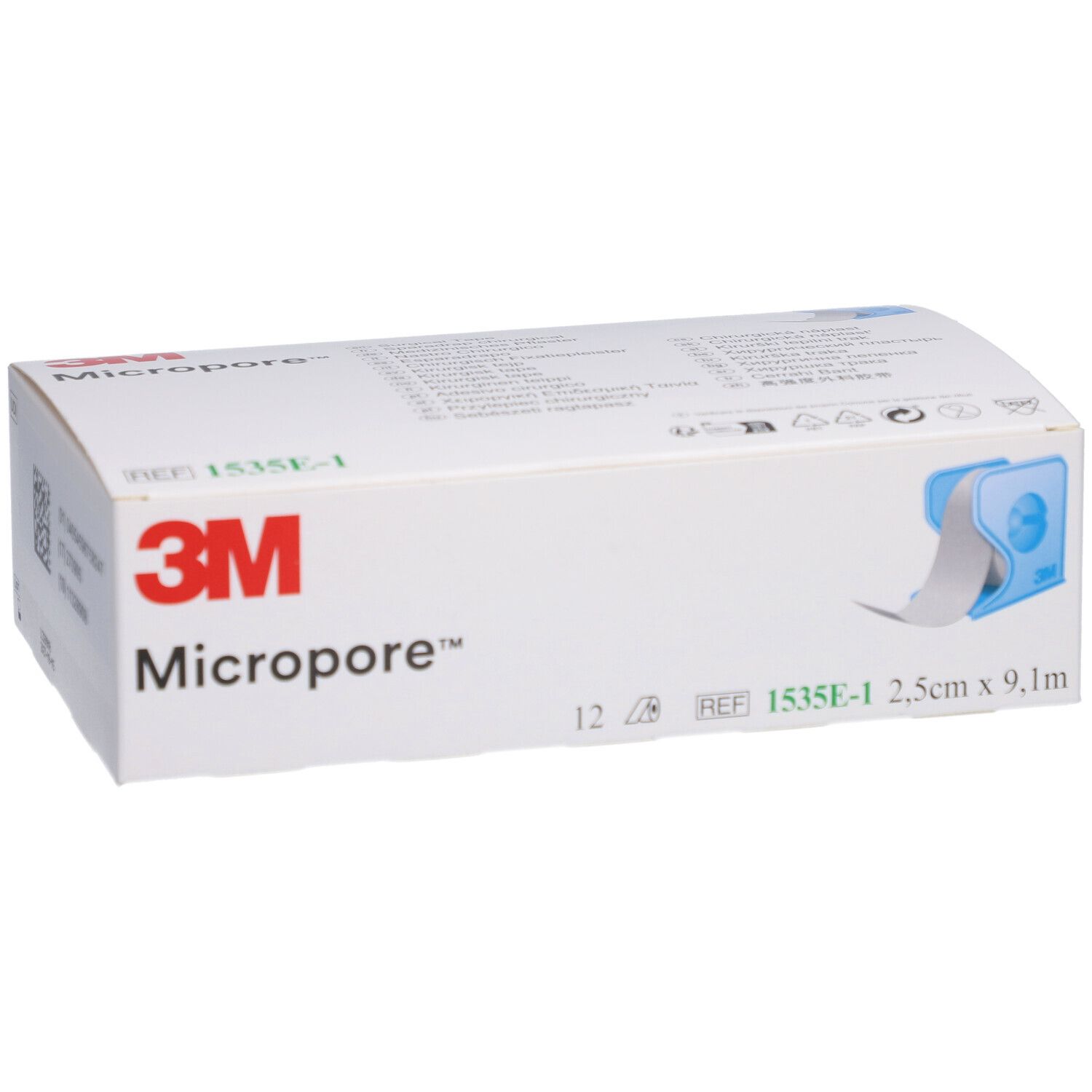 Weiße Verpackung mit 3M Micropore Klebeband. Aufdrucke: 2,5cm x 9,1m, 12 Stück, REF 1535E-1. Band in blauem Halter.