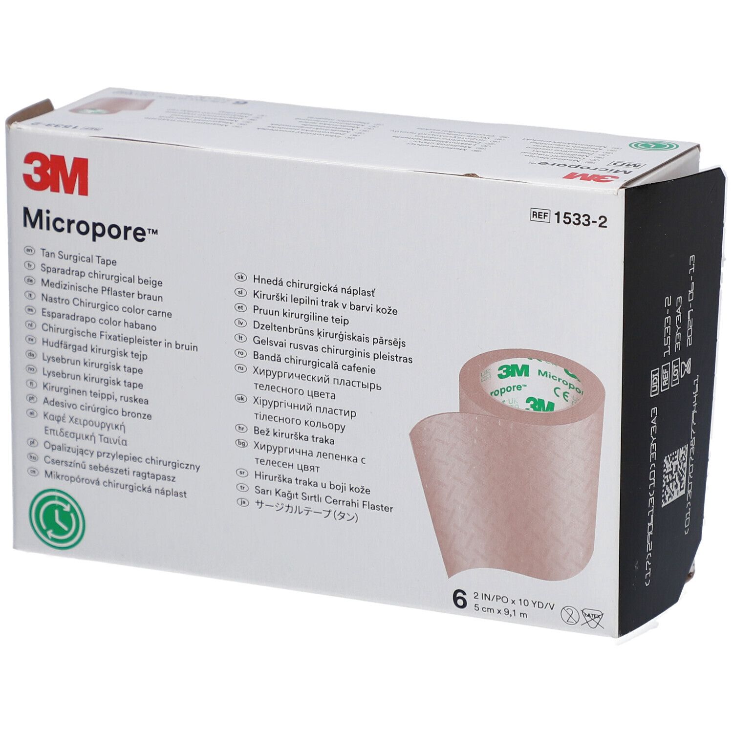 Verpackung mit 3M Micropore Pflasterrolle. Aufdrucke: 3M, Micropore, Tan Surgical Tape, 6 Rollen, 5 cm x 9,1 m. Grün-Siegel.
