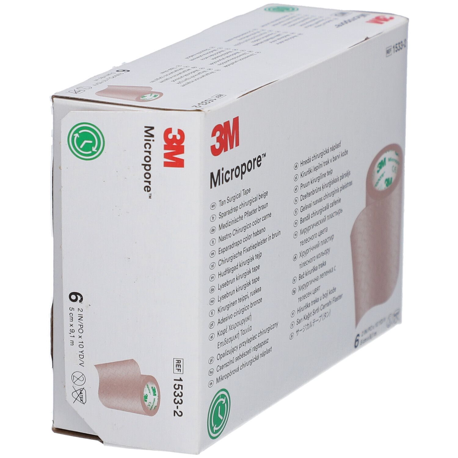 Schrägansicht der Verpackung mit 3M Micropore. Aufdrucke: 3M, Micropore, Tan Surgical Tape, 6 Rollen, 5 cm x 9,1 m. Grün-Siegel.