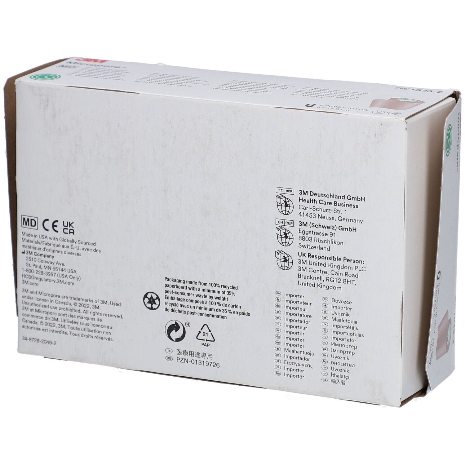Rückseite der Verpackung mit 3M-Logo, Adressen, Recycling-Symbolen und MD-Kennzeichnung. Text in mehreren Sprachen.