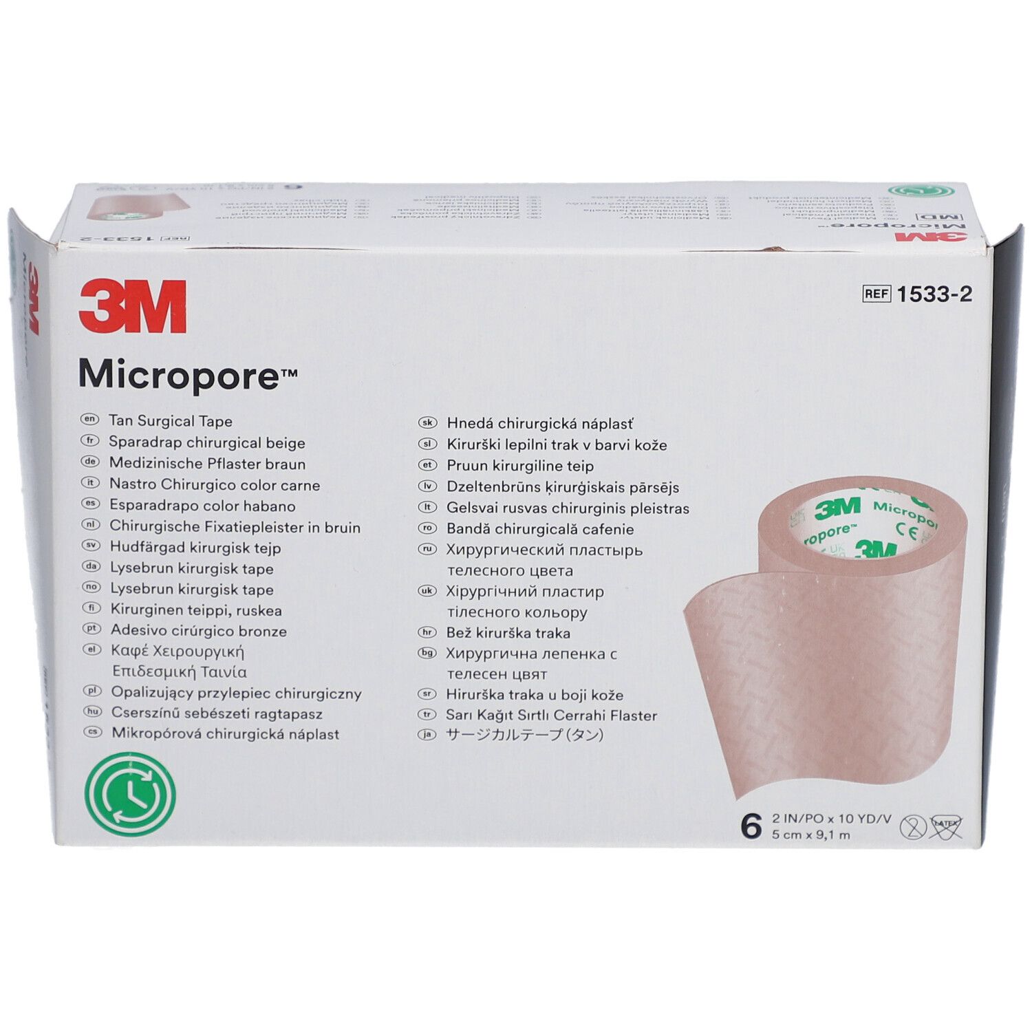 Vorderansicht der Verpackung mit 3M Micropore. Aufdrucke: 3M, Micropore, Tan Surgical Tape, 6 Rollen, 5 cm x 9,1 m. Grün-Siegel.