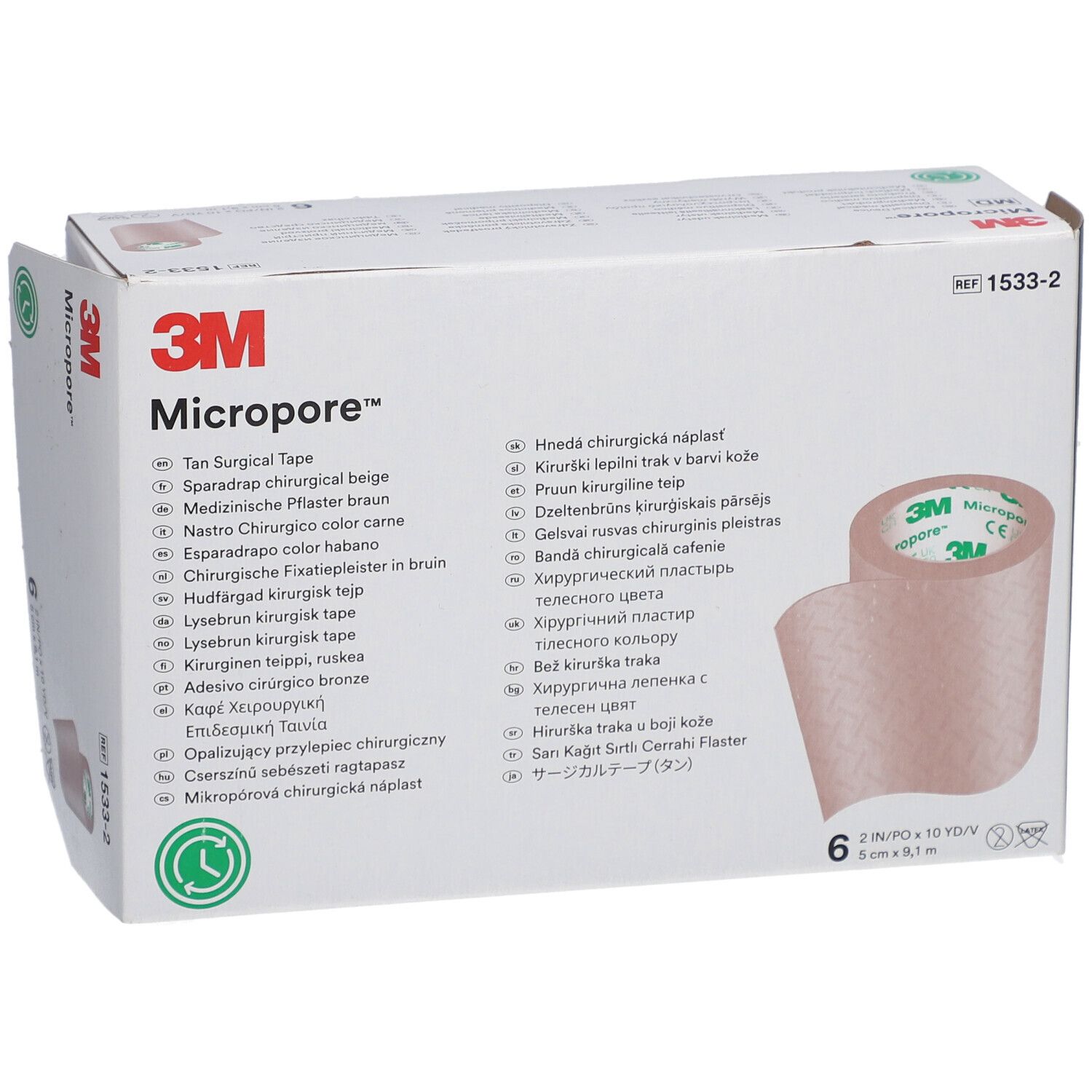 Vorderansicht der Verpackung mit 3M Micropore. Aufdrucke: 3M, Micropore, Tan Surgical Tape, 6 Rollen, 5 cm x 9,1 m. Grün-Siegel.