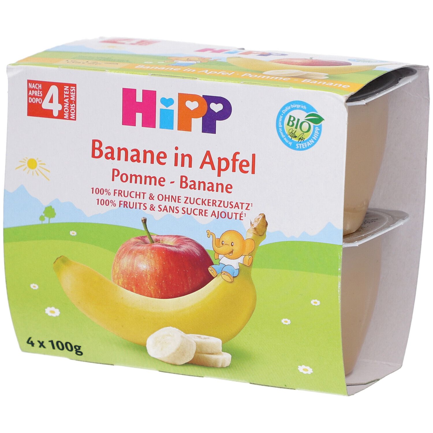 Emballage de quatre pots de purée de fruits. Inscription : HIPP, Pomme-Banane, 4 x 100g. Illustration : pomme, banane, éléphant.