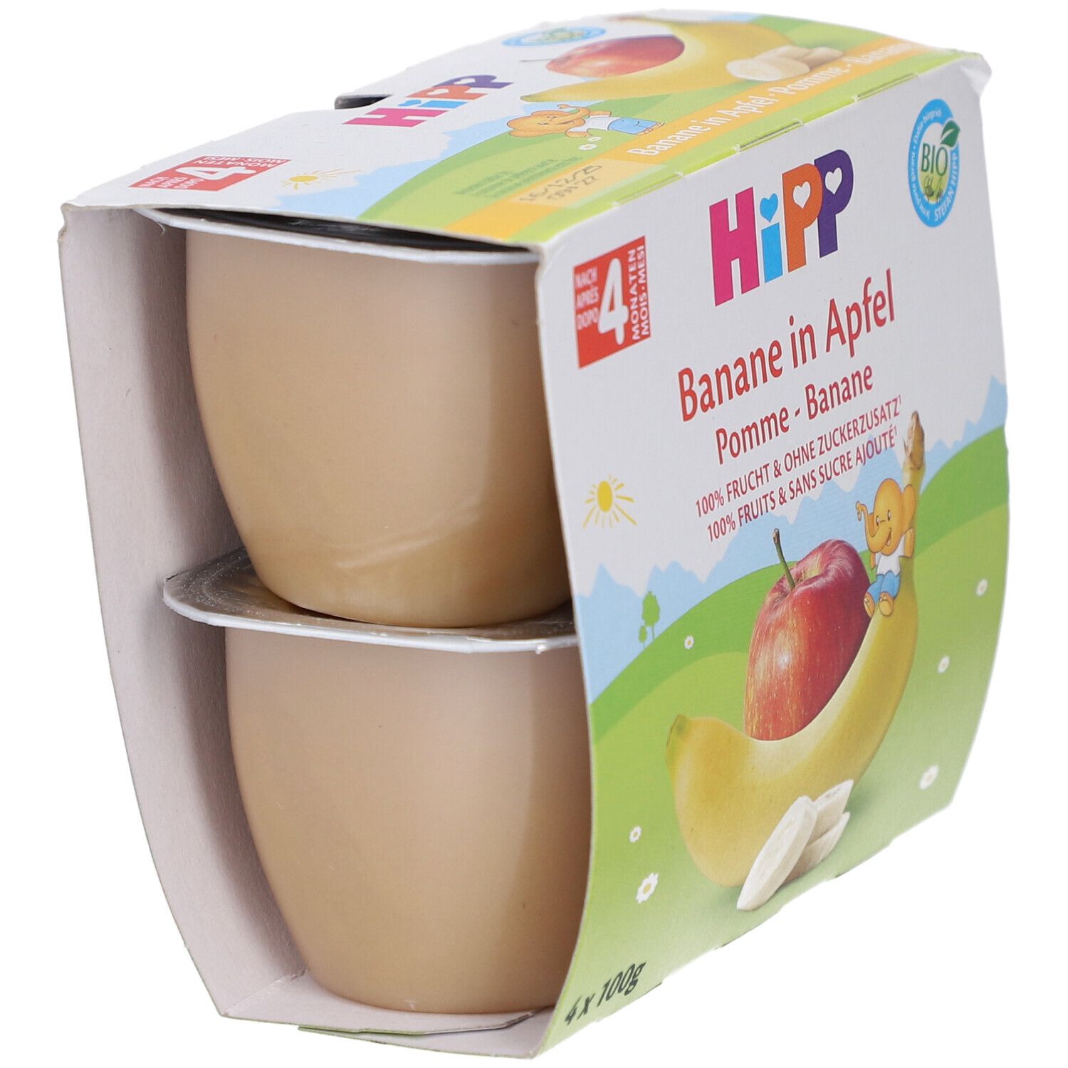 Emballage avec deux pots de purée de fruits. Inscription : HIPP, Pomme-Banane. Visible : deux pots, pomme, banane.