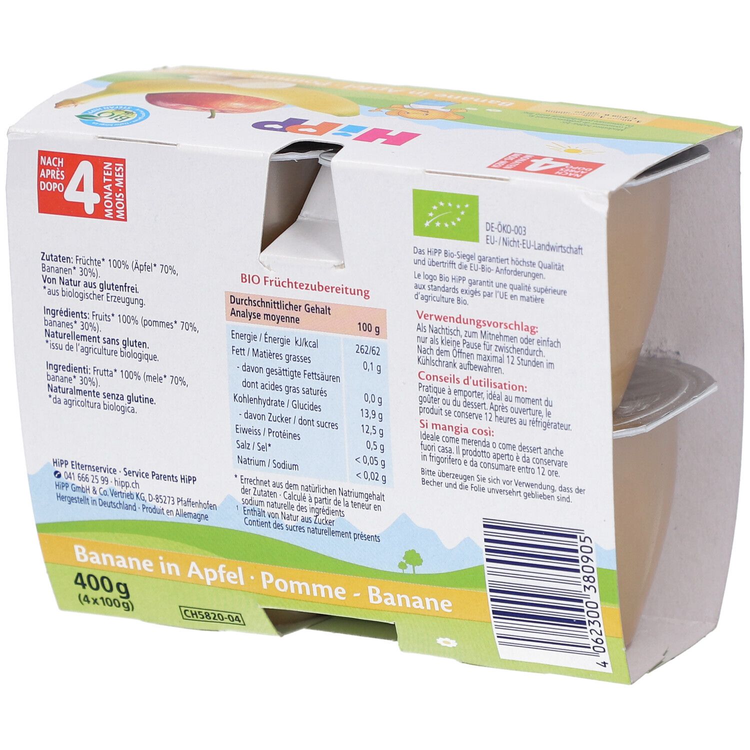 Dos de l'emballage avec informations nutritionnelles et instructions. Inscription : HIPP, Pomme-Banane, 400g.
