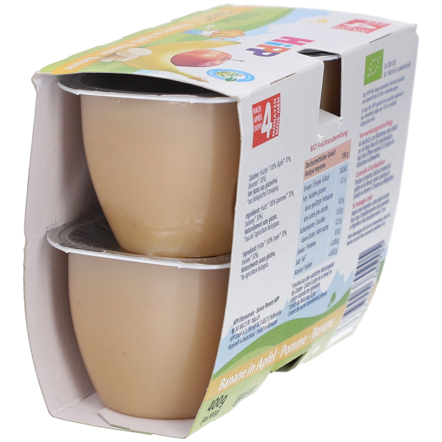 Emballage avec deux pots de purée de fruits. Inscription : HIPP, Pomme-Banane. Visible : deux pots, informations nutritionnelles.