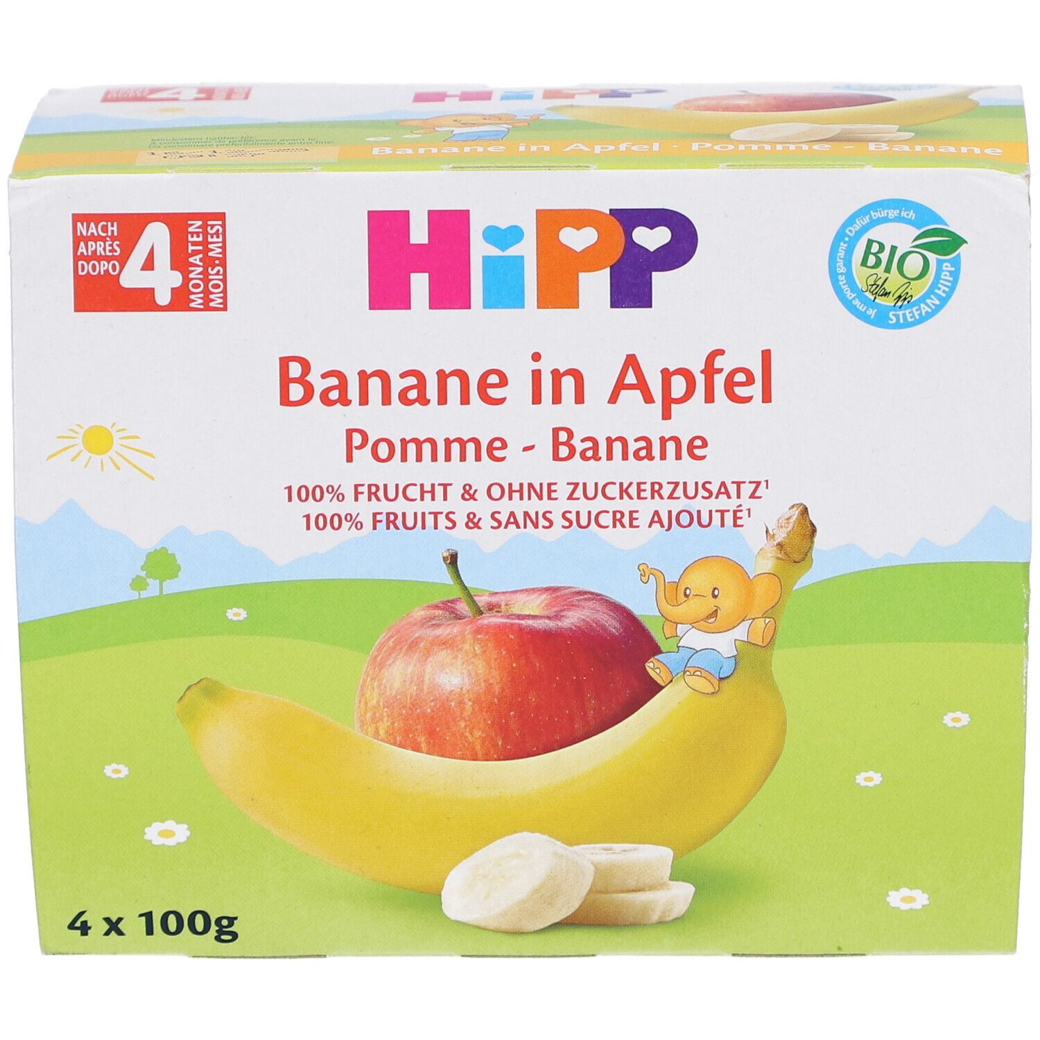 Emballage de quatre pots de purée de fruits. Inscription : HIPP, Pomme-Banane, 4 x 100g. Illustration : pomme, banane, éléphant.
