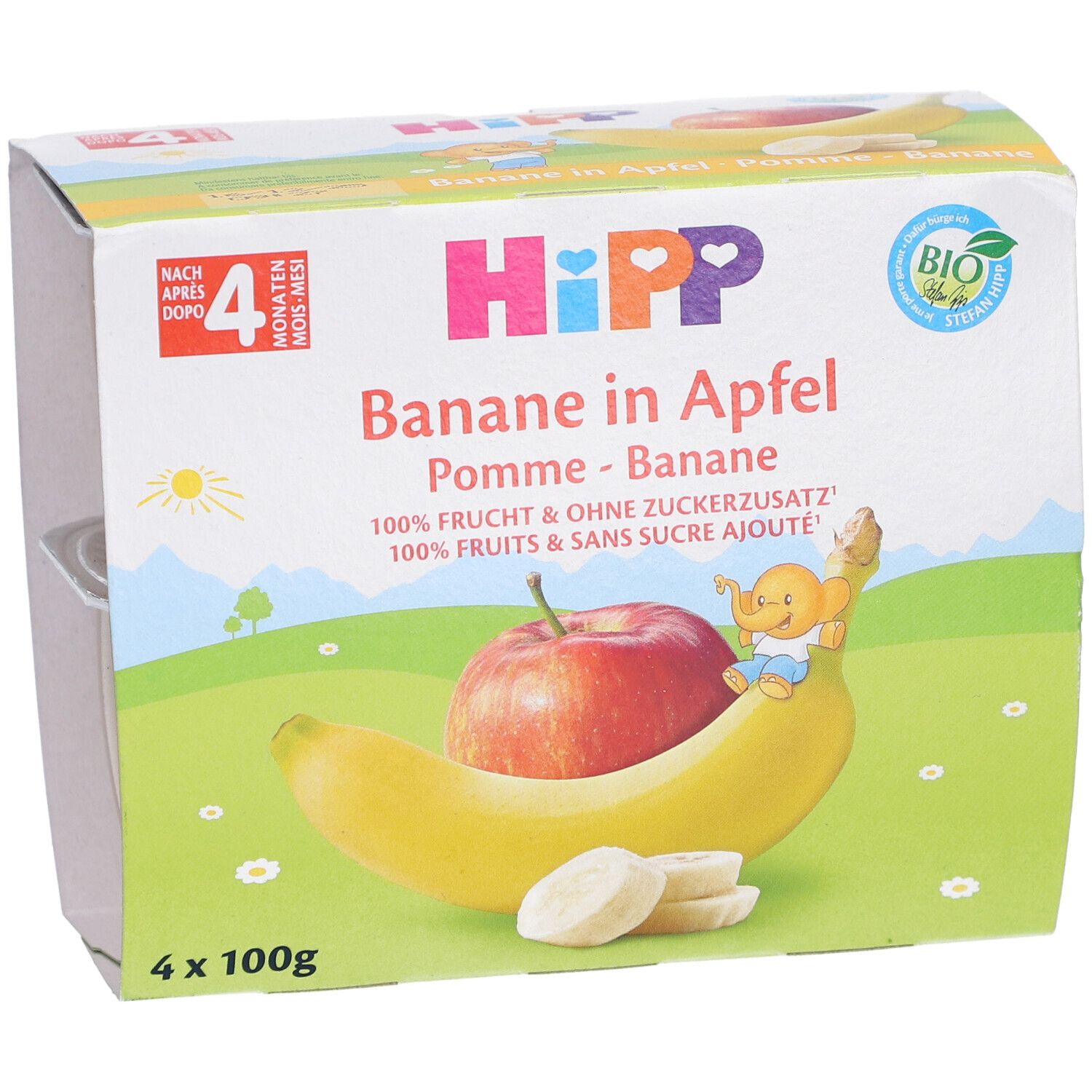 Emballage de quatre pots de purée de fruits. Inscription : HIPP, Pomme-Banane, 4 x 100g. Illustration : pomme, banane, éléphant.