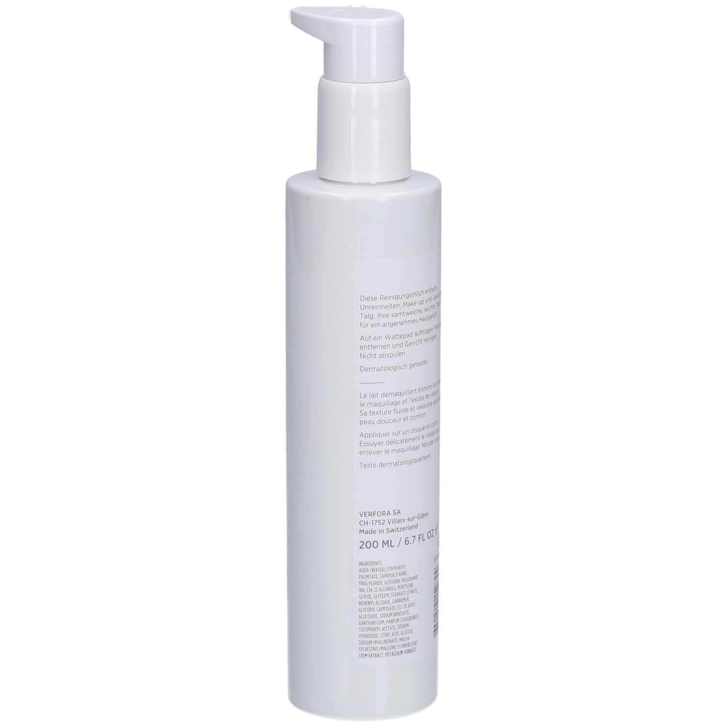 Weiße Flasche mit Pumpverschluss. Text auf der Rückseite. Volumenangabe: 200 ml. Barcode.