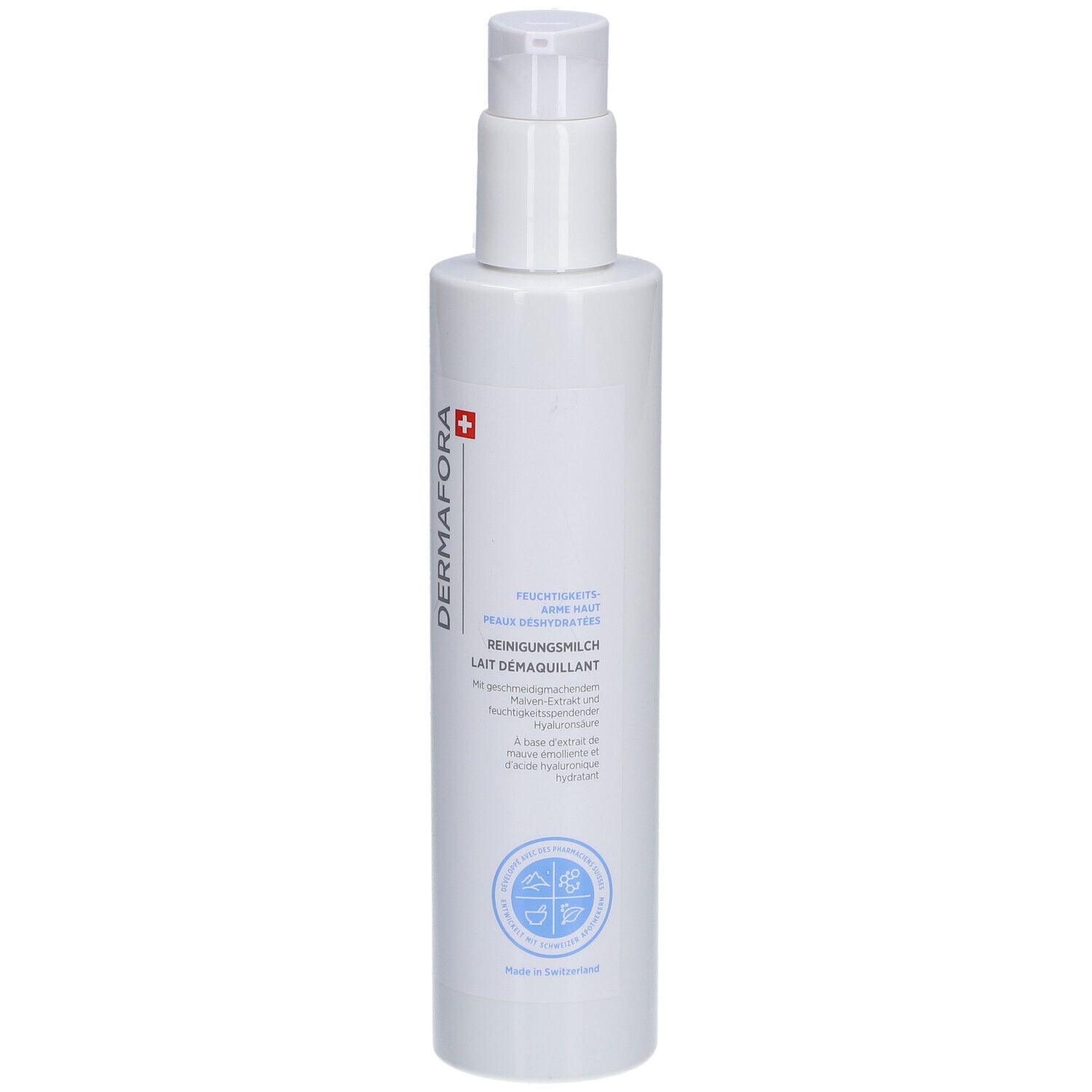 Weiße Flasche mit Pumpverschluss. Aufschrift: Dermafora, REINIGUNGSMILCH, LAT DEMAQUILLANT. Schweizer Kreuz. Blauer Kreis.