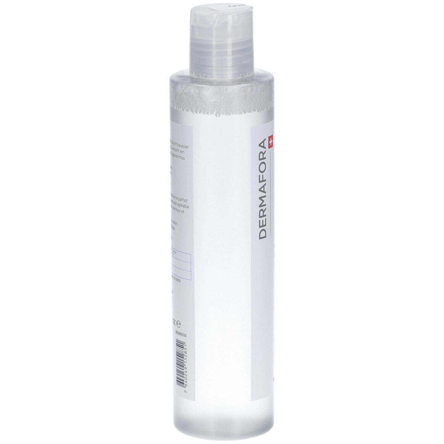 Transparente Flasche mit weißem Etikett. Dermafora-Logo, Schweizer Kreuz, Gesichtswasser. Sicherheitsverschluss.