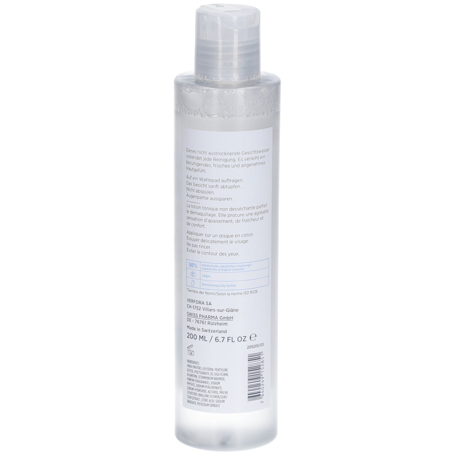 Transparente Flasche mit weißem Etikett. Produktinformationen, Dermafora-Logo, 200 ml. Hergestellt in der Schweiz.