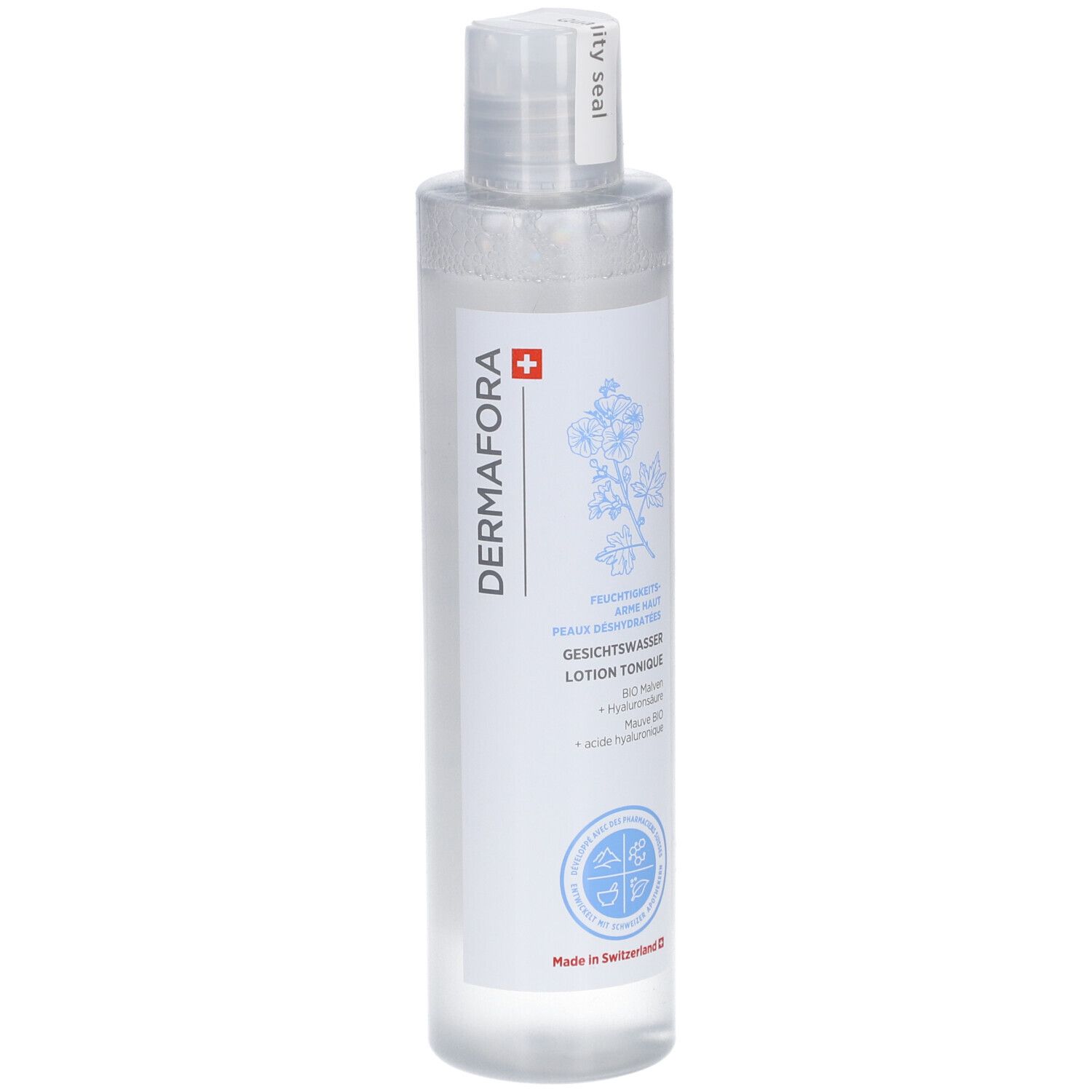 Klare Flasche mit weißem Etikett. Dermafora-Logo, Schweizer Kreuz, Gesichtswasser, Lotion Tonique. Mit Sicherheitsverschluss.
