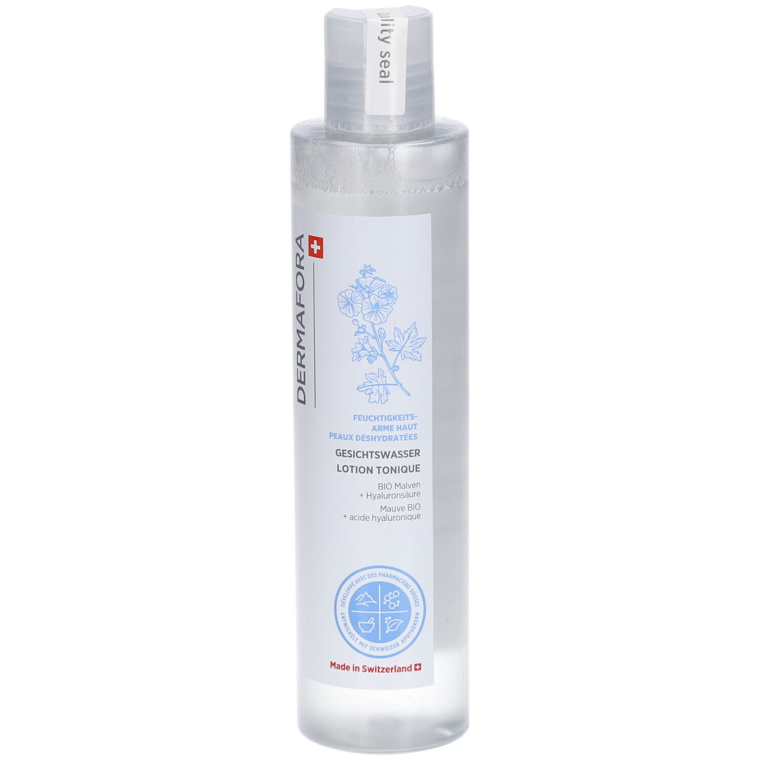 Klare Flasche mit weißem Etikett. Dermafora-Logo, Schweizer Kreuz, Gesichtswasser, Lotion Tonique. Mit Sicherheitsverschluss.