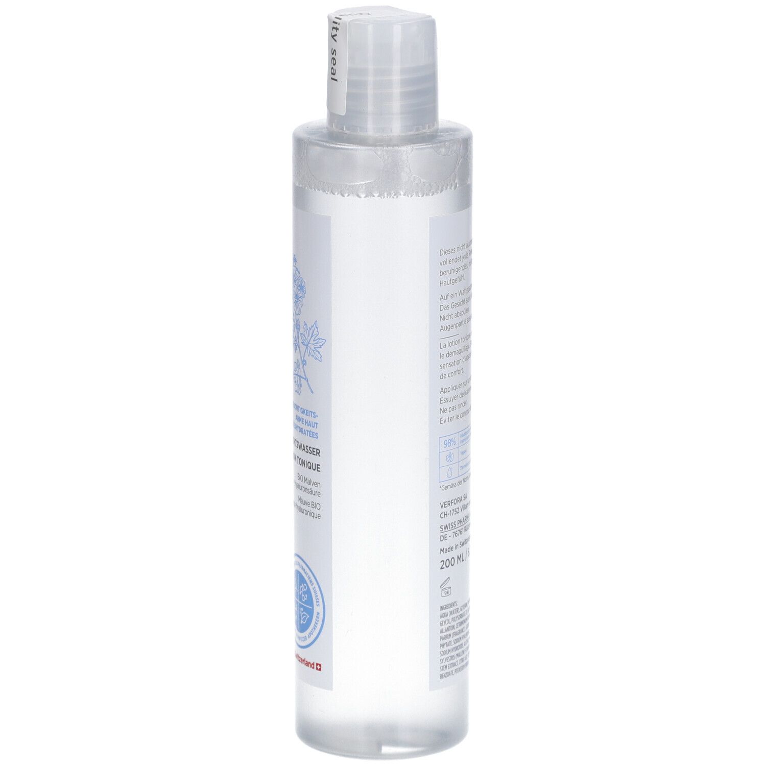 Transparente Flasche mit weißem Etikett. Produktinformationen, Dermafora-Logo, 200 ml. Hergestellt in der Schweiz.