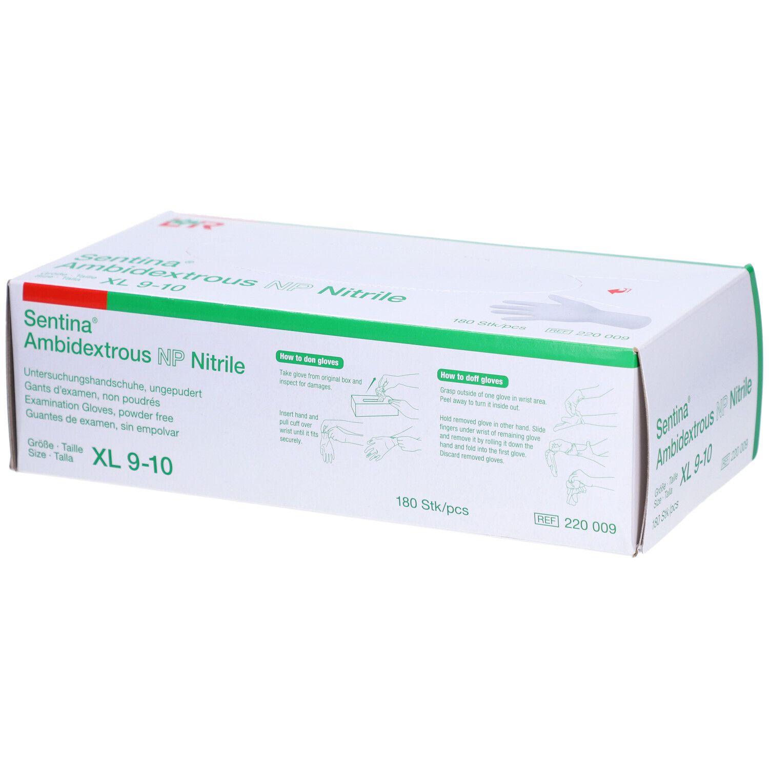 Karton mit Untersuchungshandschuhen. Marke: Sentina Ambidextrous NP Nitrile, Größe XL 9-10. 180 Stück.
