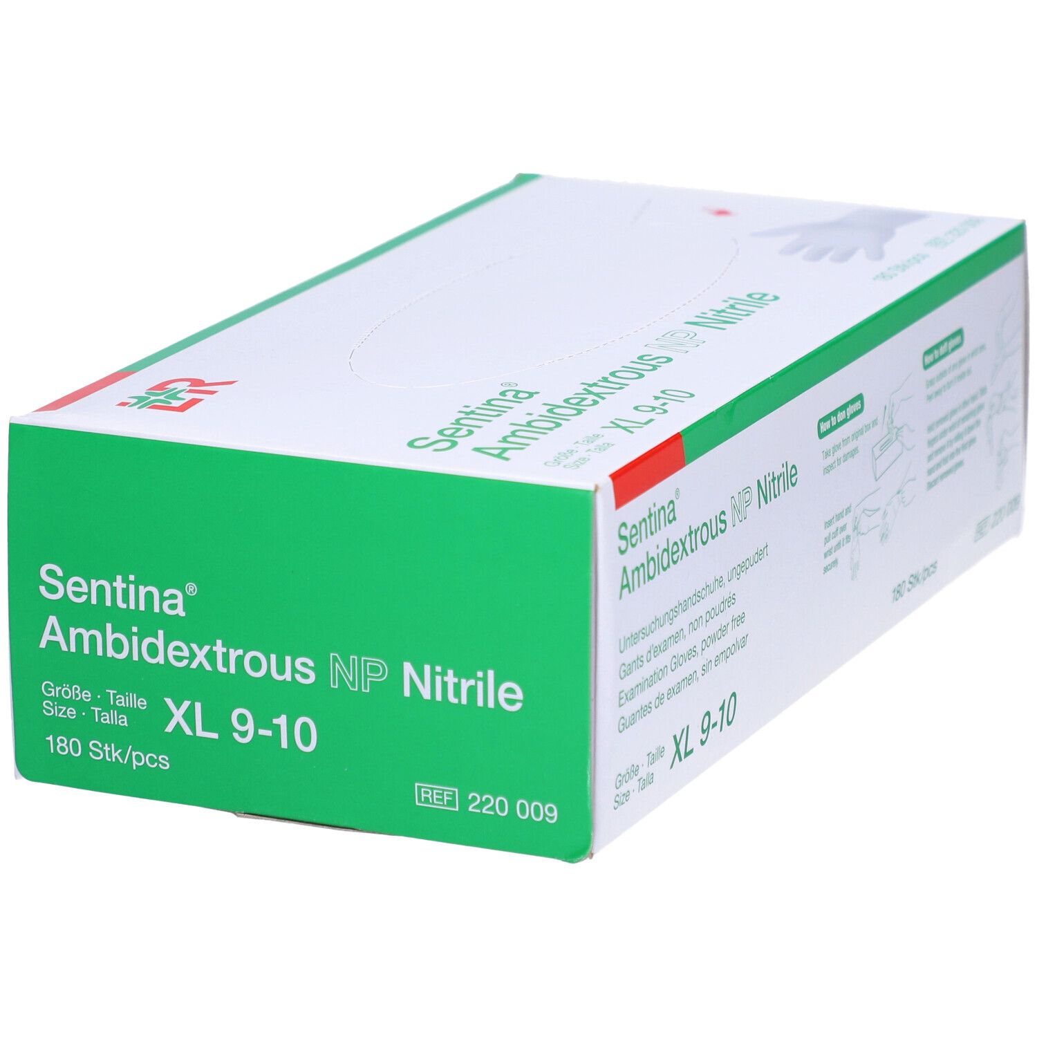 Karton mit Untersuchungshandschuhen. Marke: Sentina Ambidextrous NP Nitrile, Größe XL 9-10. Grüne Akzente.