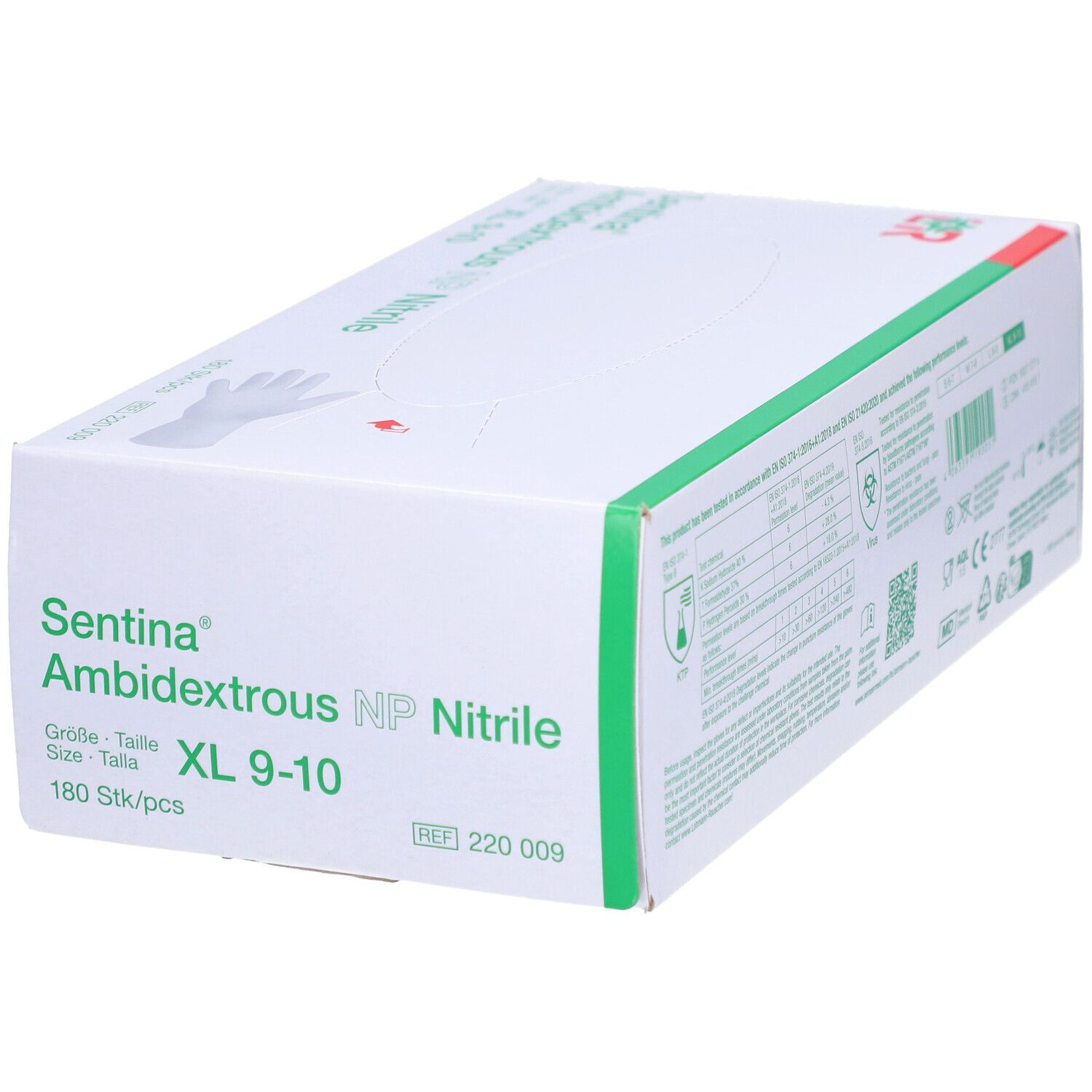 Karton mit Untersuchungshandschuhen. Marke: Sentina Ambidextrous NP Nitrile, Größe XL 9-10. 180 Stück.