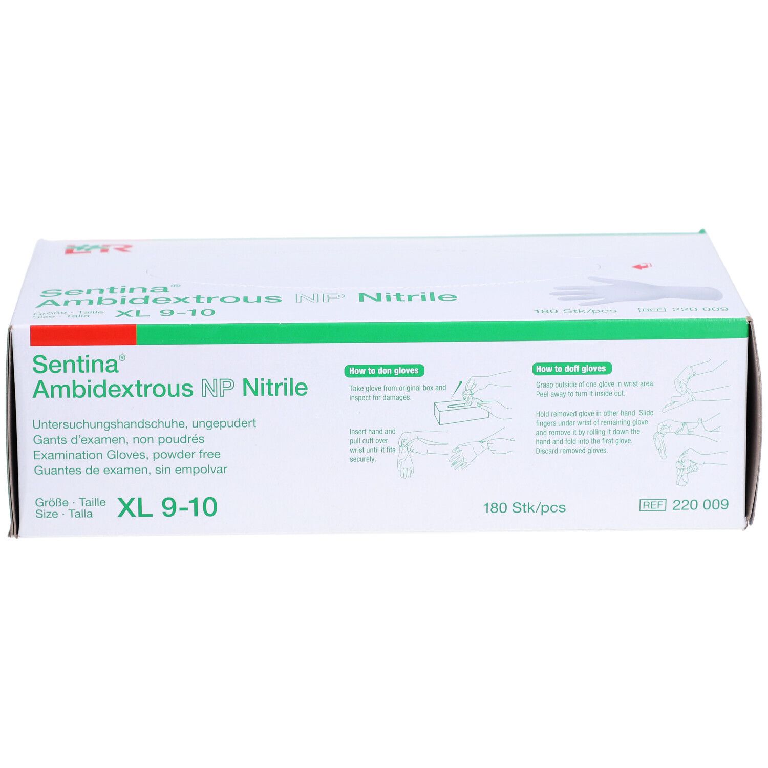 Karton mit Untersuchungshandschuhen. Marke: Sentina Ambidextrous NP Nitrile, Größe XL 9-10. 180 Stück. Anweisungen.