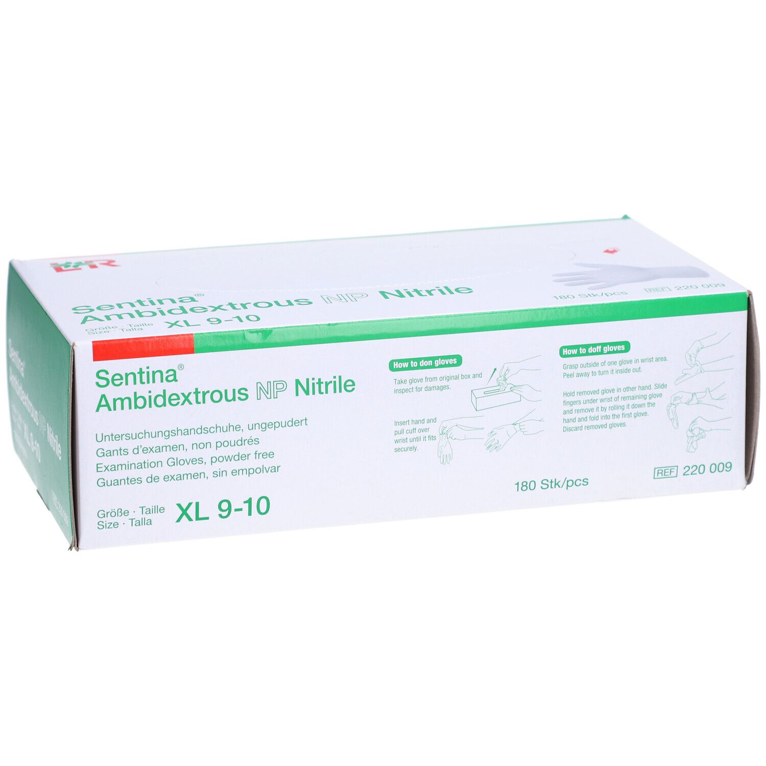 Karton mit Untersuchungshandschuhen. Marke: Sentina Ambidextrous NP Nitrile, Größe XL 9-10. 180 Stück. Anweisungen.