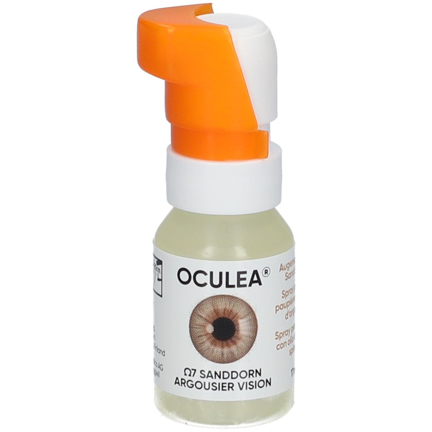 Augenspray-Flasche mit orangefarbenem Sprühkopf. Aufschrift OCULEA, Abbildung eines Auges. Text: Q7 Sanddorn Argousier Vision.