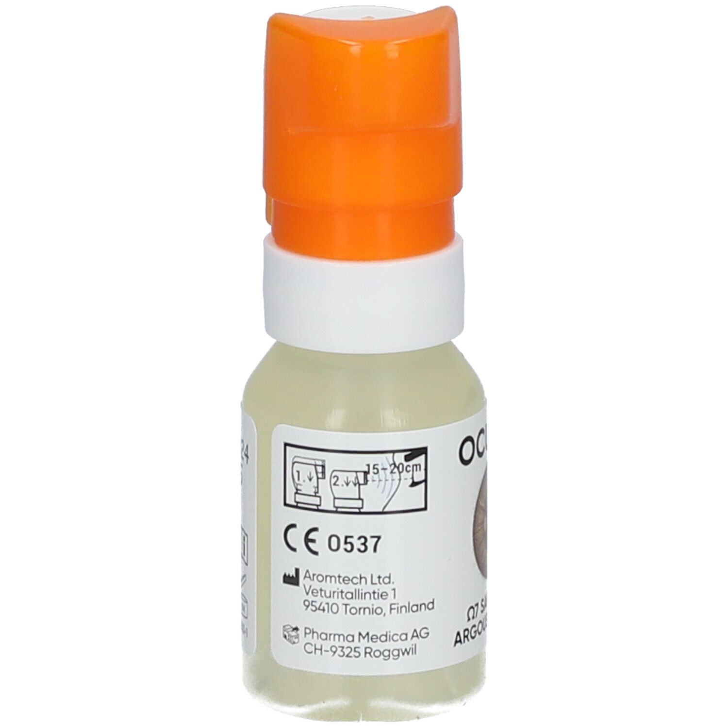 Augenspray-Flasche mit orangefarbenem Sprühkopf. Aufschrift OCULEA, CE-Kennzeichnung. Text: Pharma Medica AG, Vetuntalintie 1.