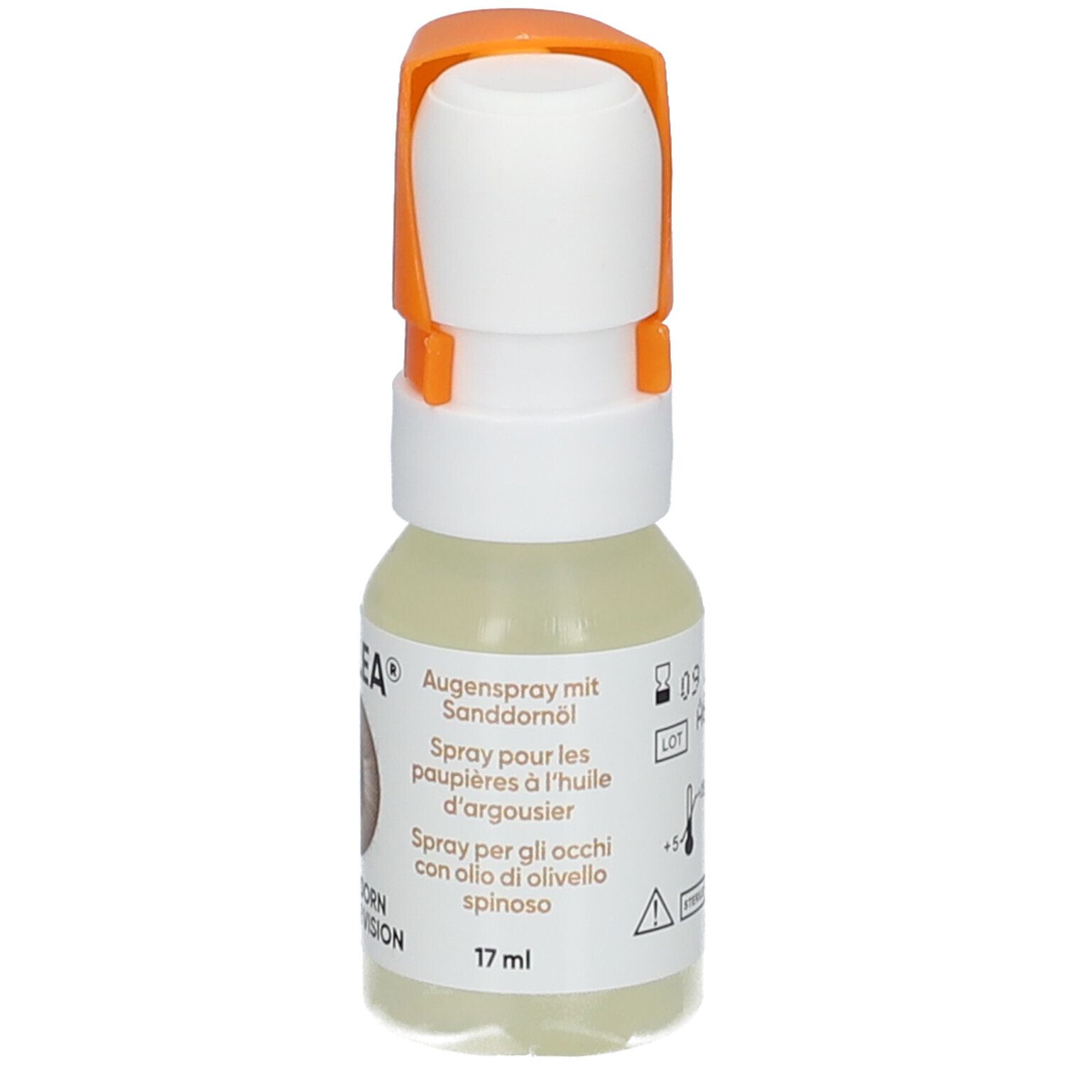Augenspray-Flasche mit orangefarbenem Sprühkopf. Aufschrift OCULEA, Text: Augenspray mit Sanddornöl, 17 ml. Mehrsprachiger Text.