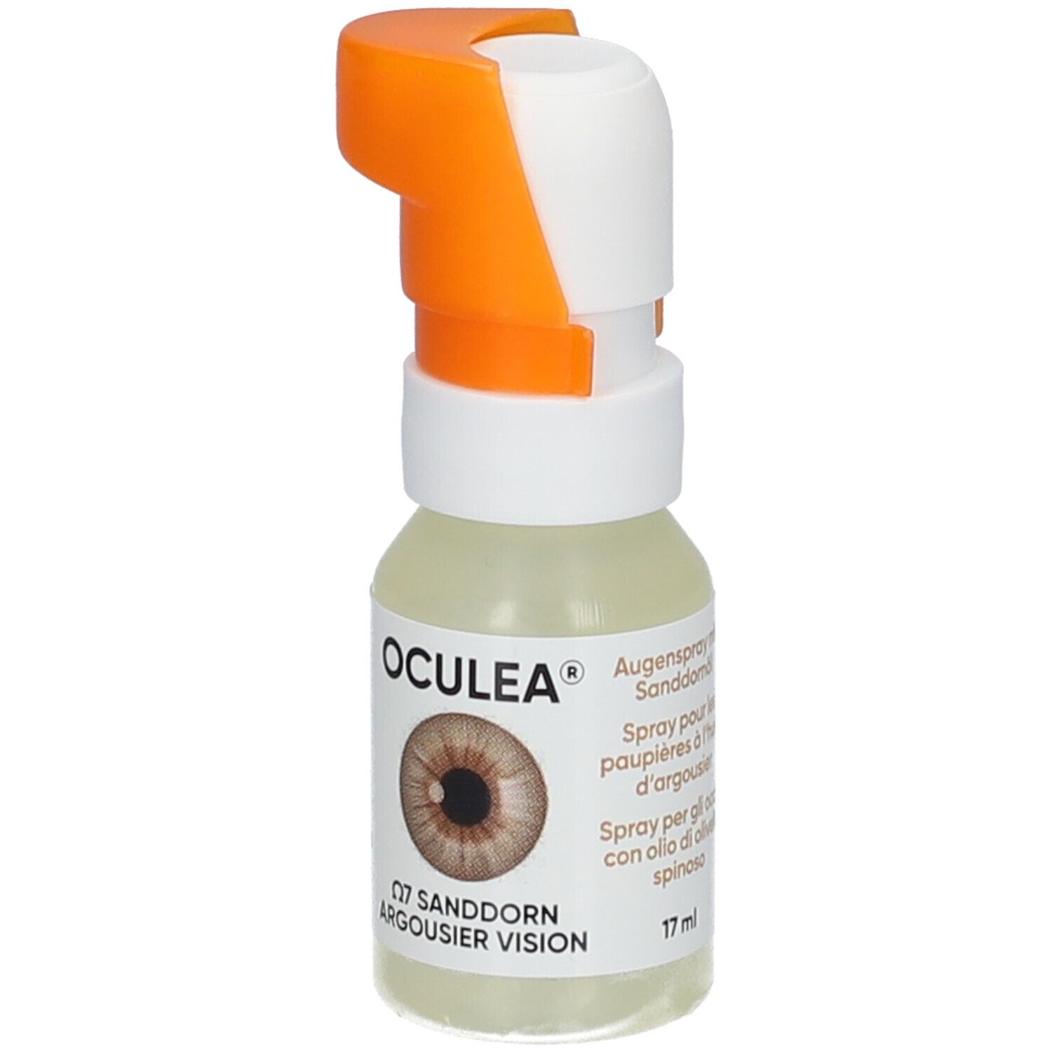 Augenspray-Flasche mit orangefarbenem Sprühkopf. Aufschrift OCULEA, Abbildung eines Auges. Text: Q7 Sanddorn Argousier Vision, 17 ml.