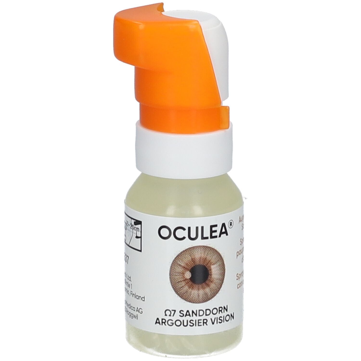 Augenspray-Flasche mit orangefarbenem Sprühkopf. Aufschrift OCULEA, Abbildung eines Auges. Text: Q7 Sanddorn Argousier Vision, CE-Kennzeichnung.